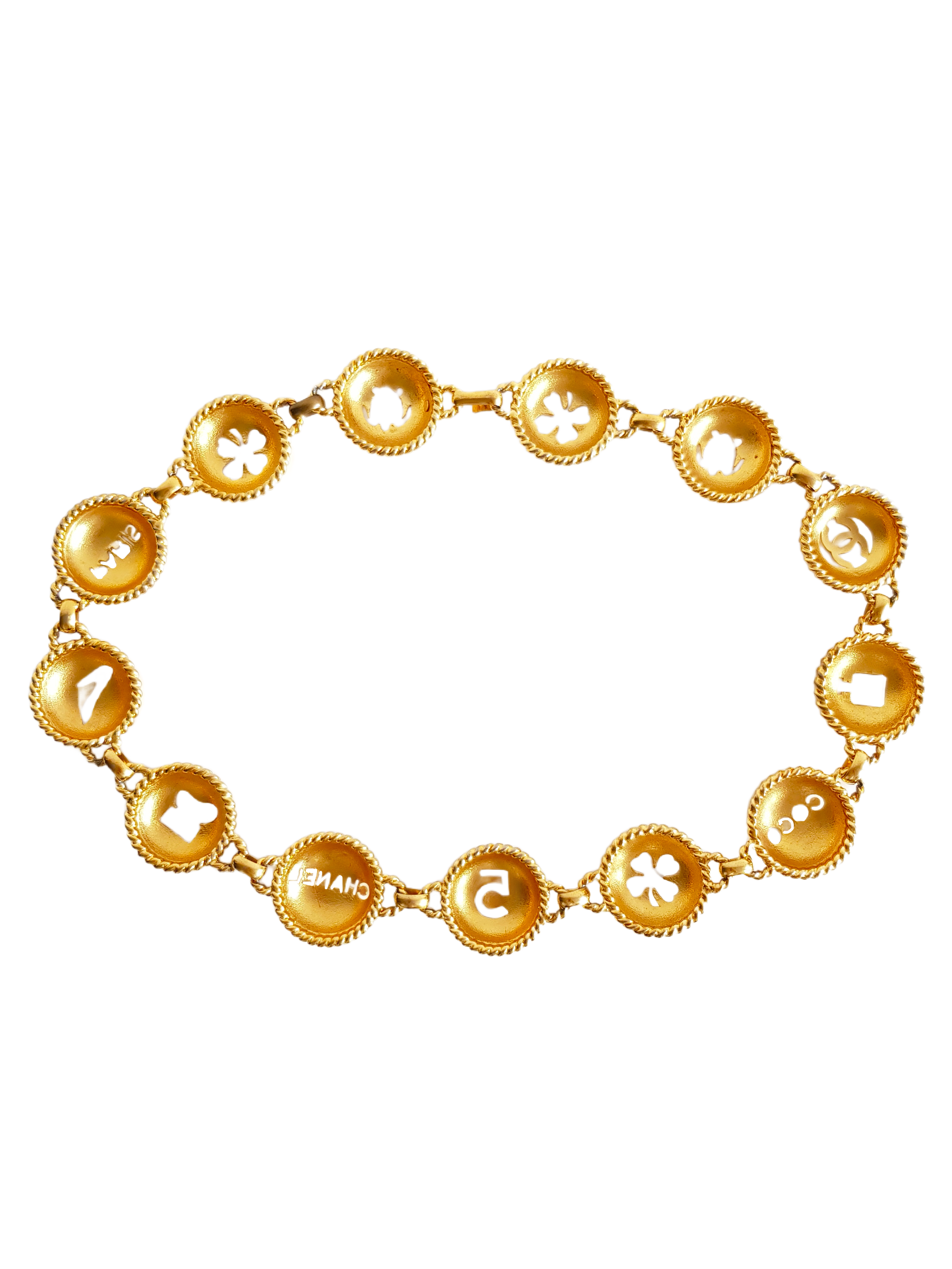 CHANEL SPRING / SUMMER 1997 (97P) GOLD PLATED NO. 5 CC LOGO LUCKY CHARMS BELT