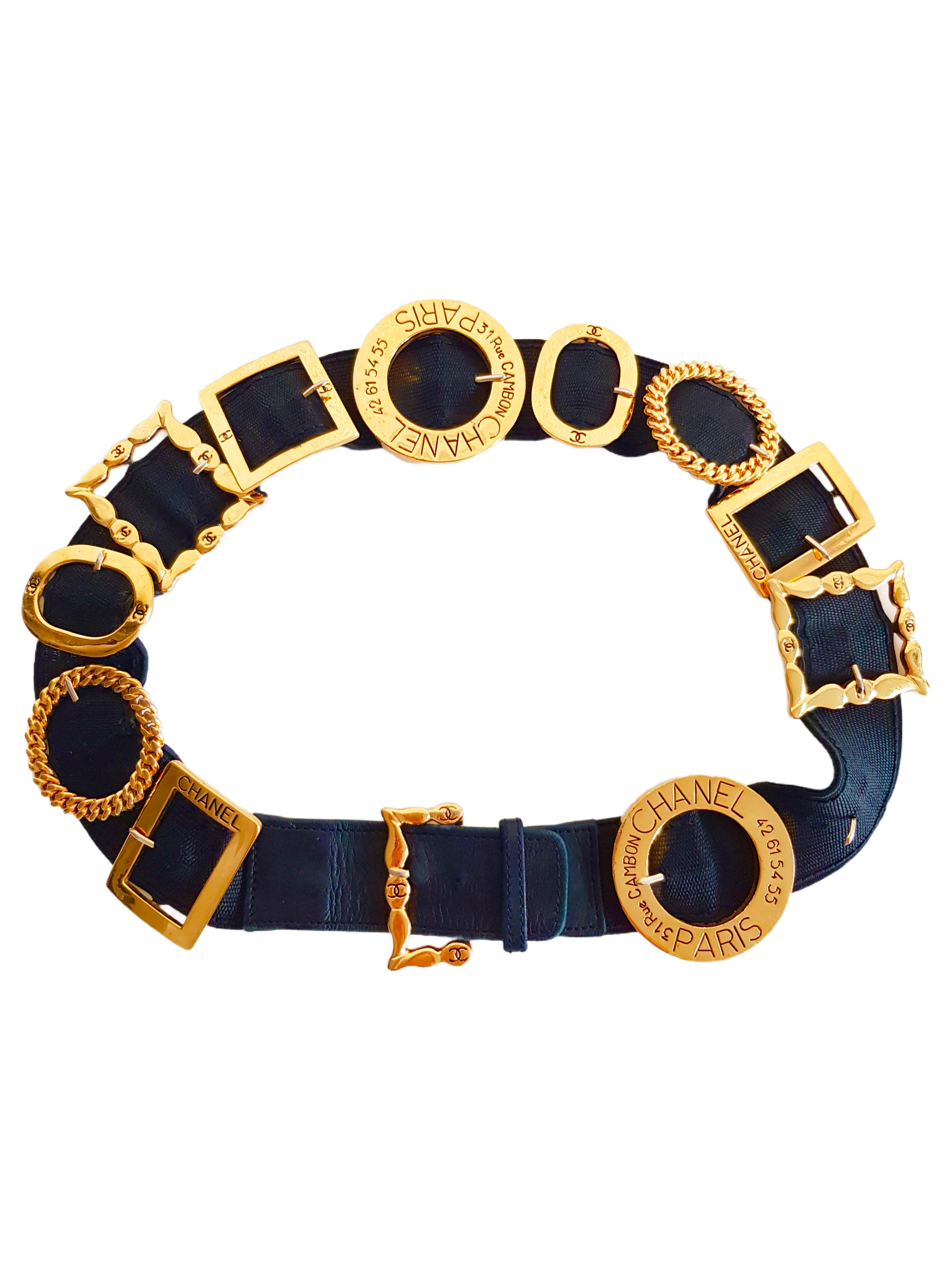 SPRING / SUMMER 1988 BLACK CLOTH GOLD PLATED MULTI BUCKLE BELT