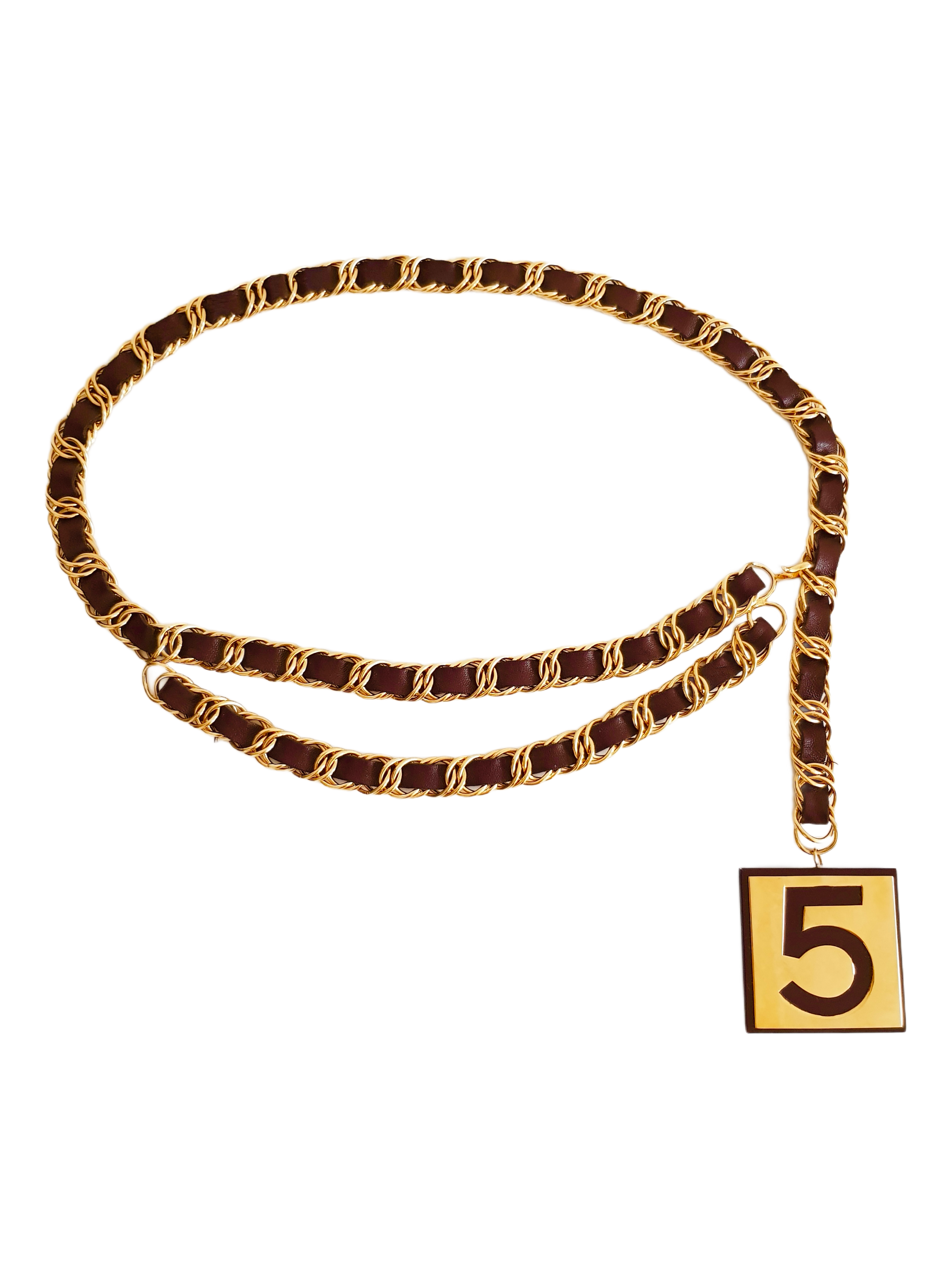 CHANEL SPRING /  SUMMER 1987 GOLD PLATED BROWN ENTWINED LEATHER NO.5 PENDANT DOUBLE CHAIN BELT