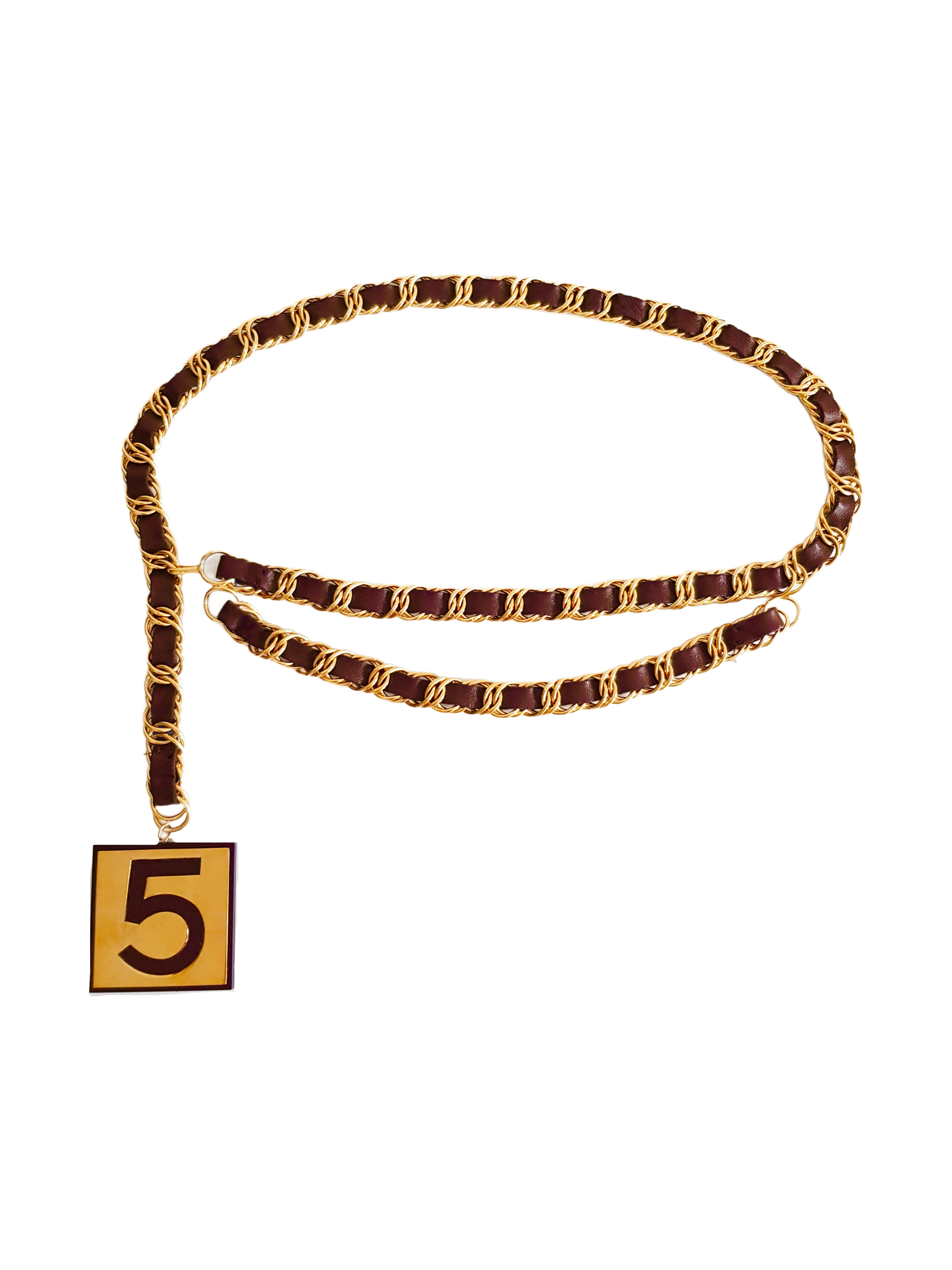 CHANEL SPRING /  SUMMER 1987 GOLD PLATED BROWN ENTWINED LEATHER NO.5 PENDANT DOUBLE CHAIN BELT