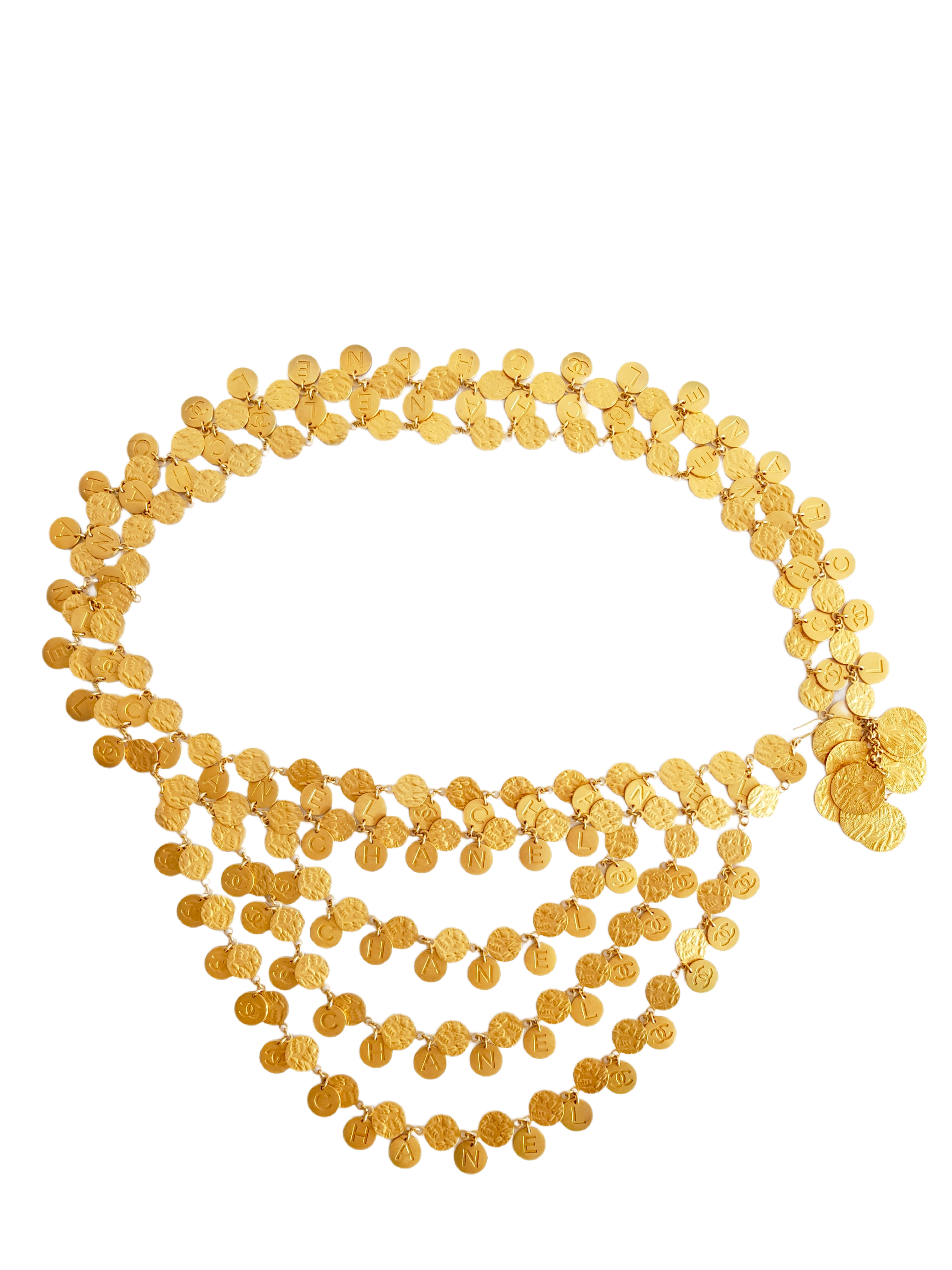 CHANEL SPRING / SUMMER 1993 GOLD PLATED HAMMERED CC SPELLOUT LOGO COIN BELT