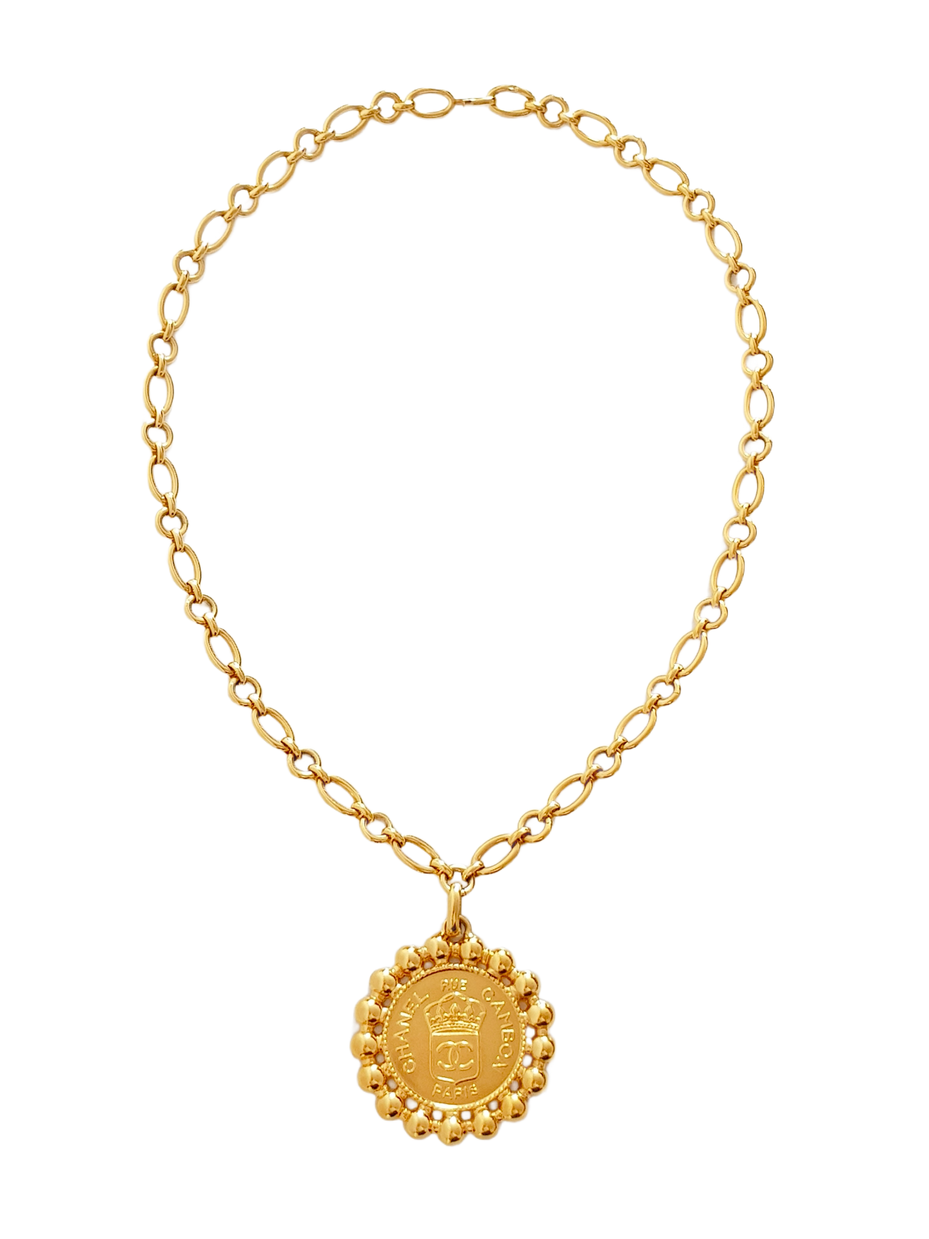 CHANEL FALL / WINTER 1988 GOLD PLATED HERALDIC SEAL INSIGNIA MEDALLION NECKLACE