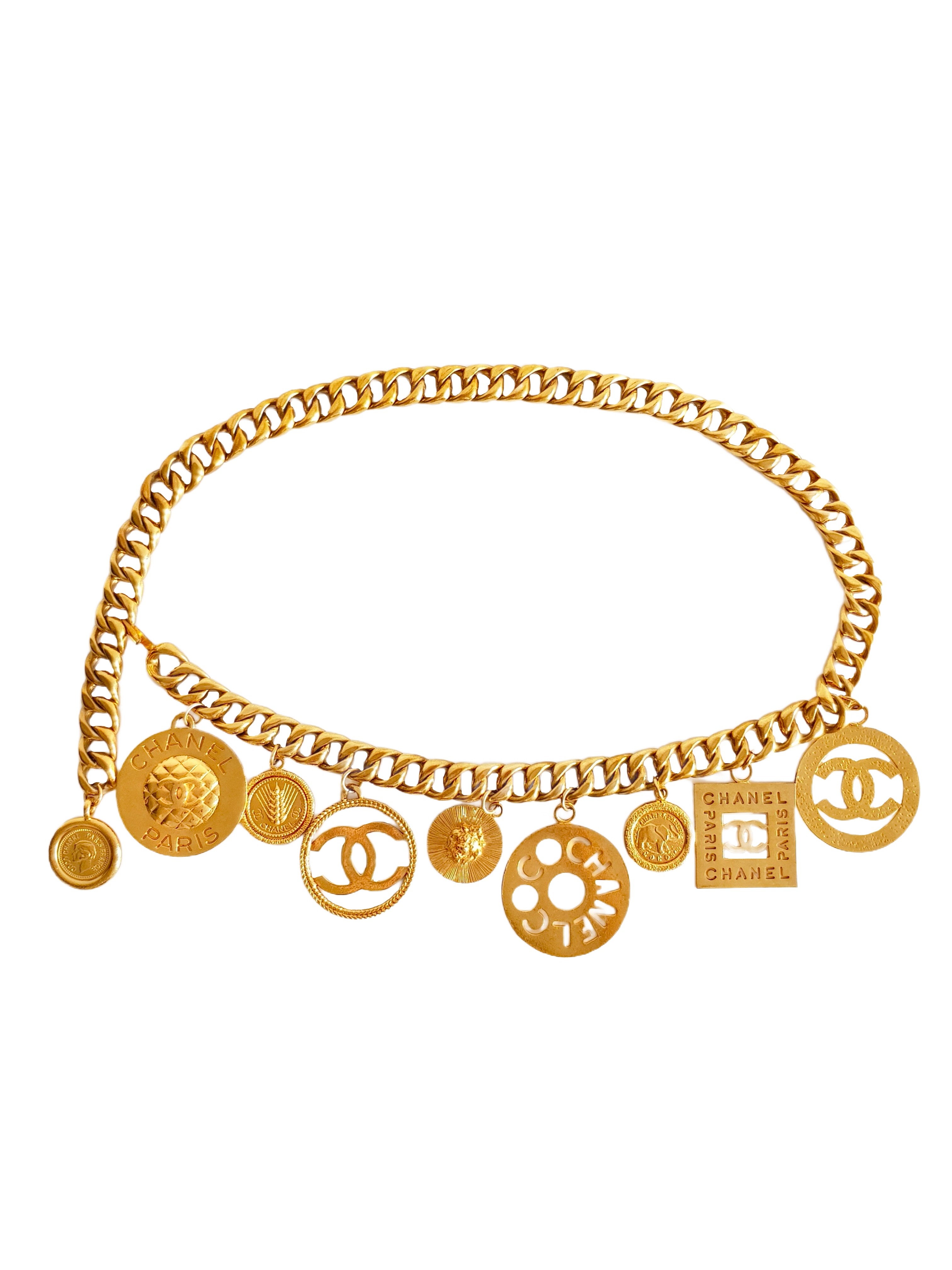 CHANEL CRUISE 1992 (COLLECTION 27) GOLD PLATED CC LOGO MEDALLION CHARMS BELT