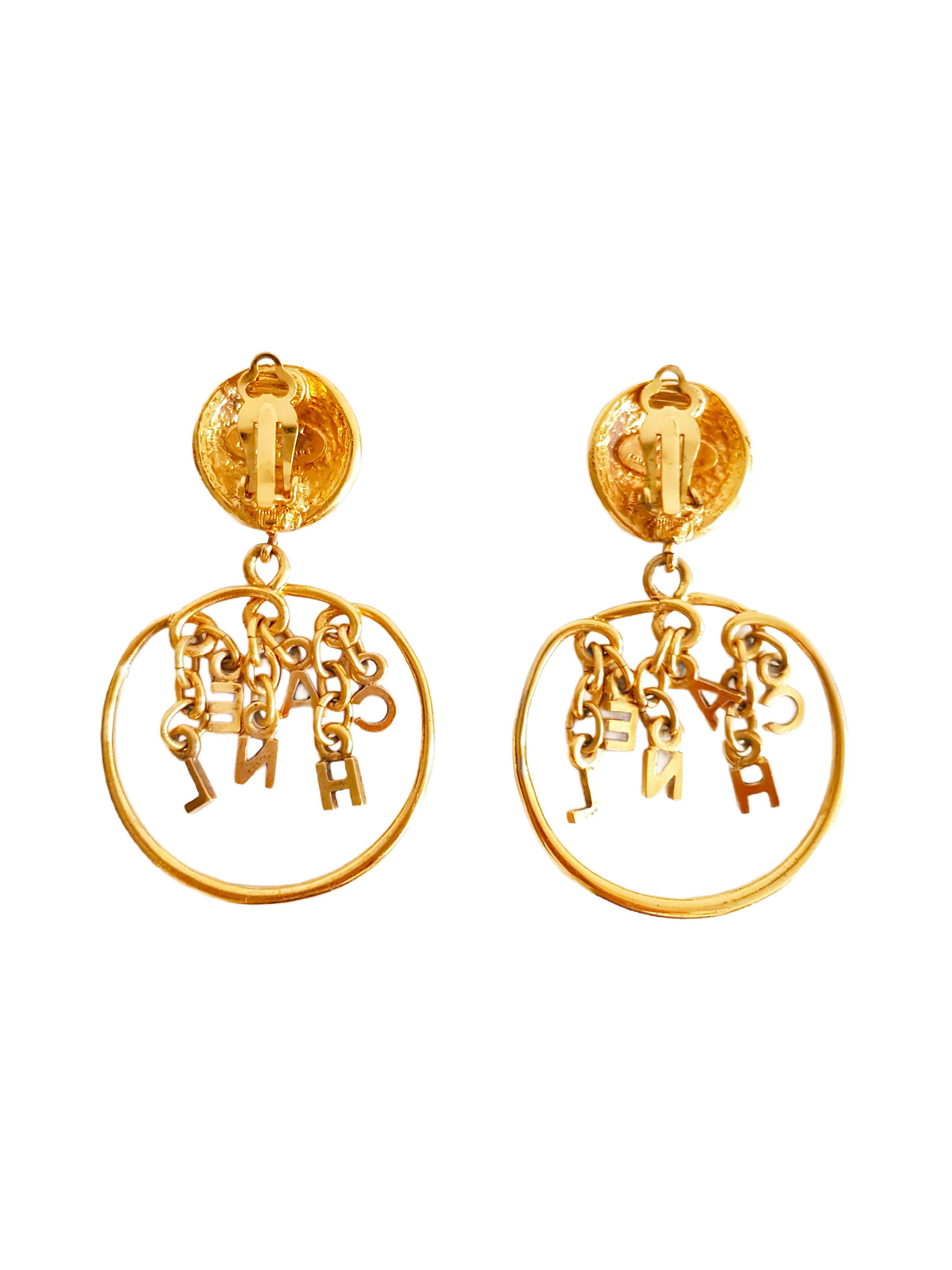 CHANEL 1990'S GOLD PLATED LOGO SPELLOUT HOOP EARRINGS