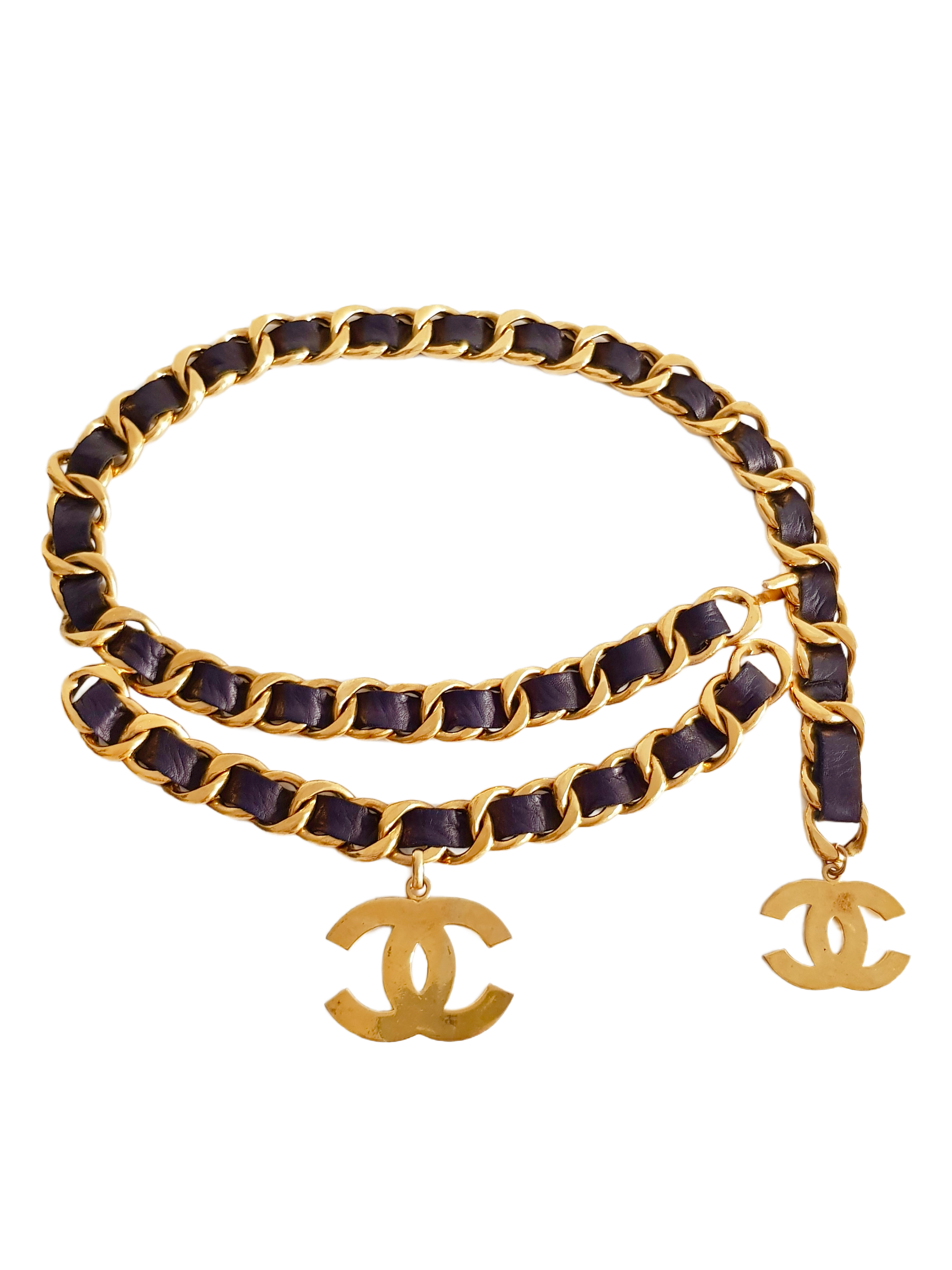 CHANEL SPRING / SUMMER 1992 (COLLECTION 28) GOLD PLATED BLACK ENTWINED LEATHER CC LOGO CHAIN BELT
