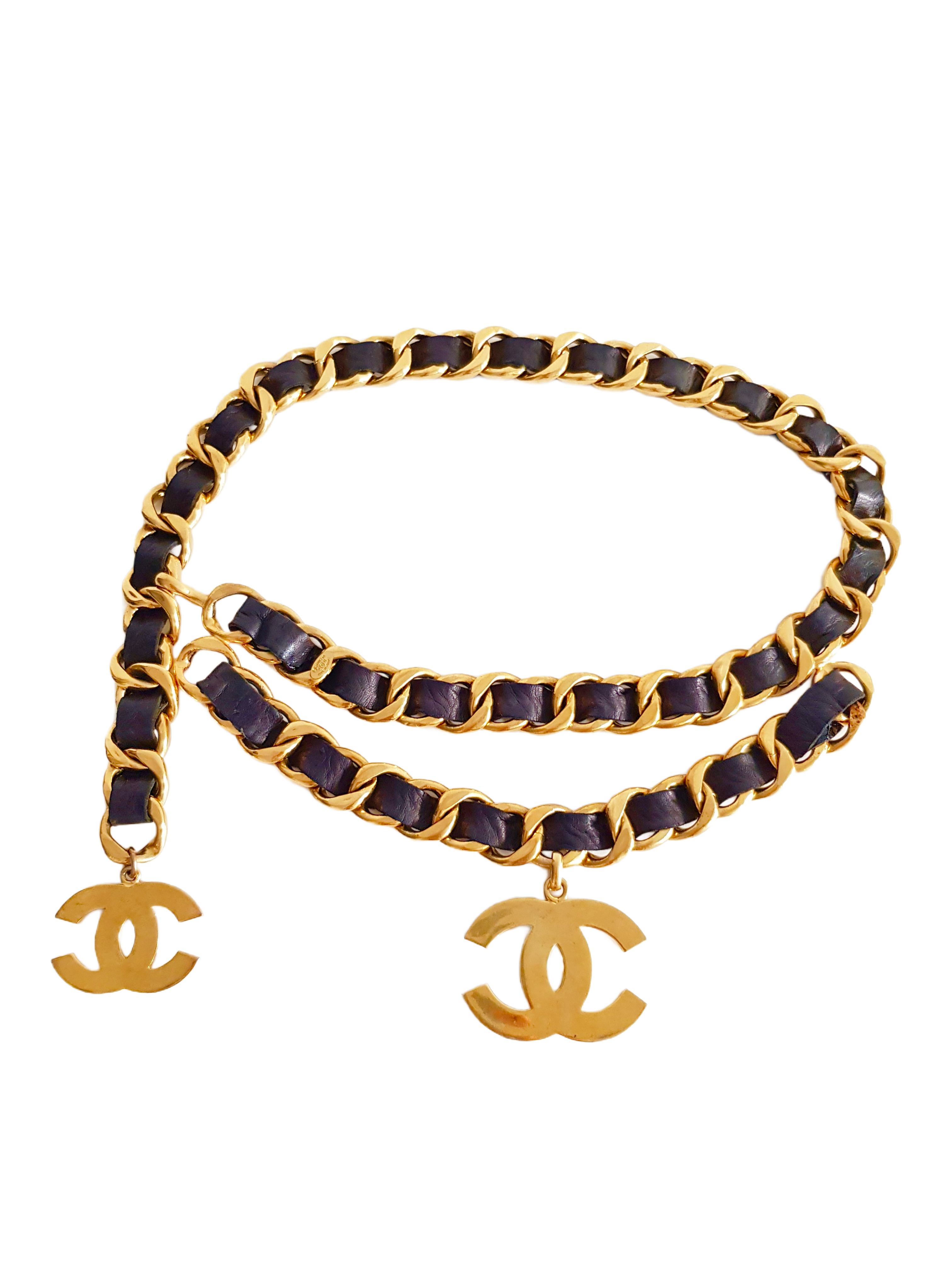 CHANEL SPRING / SUMMER 1992 (COLLECTION 28) GOLD PLATED BLACK ENTWINED LEATHER CC LOGO CHAIN BELT