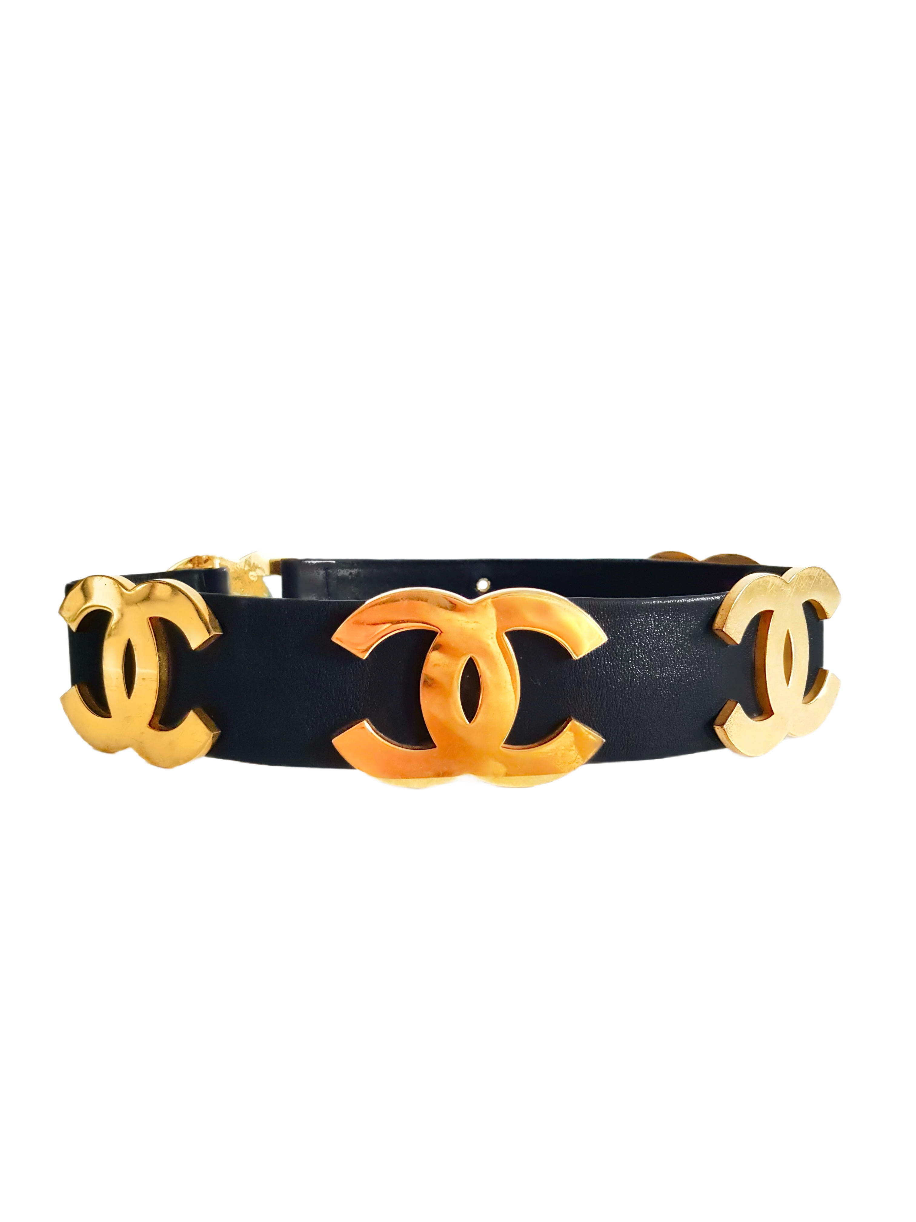 CHANEL SPRING / SUMMER 1993 (93P) BLACK LEATHER GOLD PLATED CC LOGO WIDE WAIST BELT