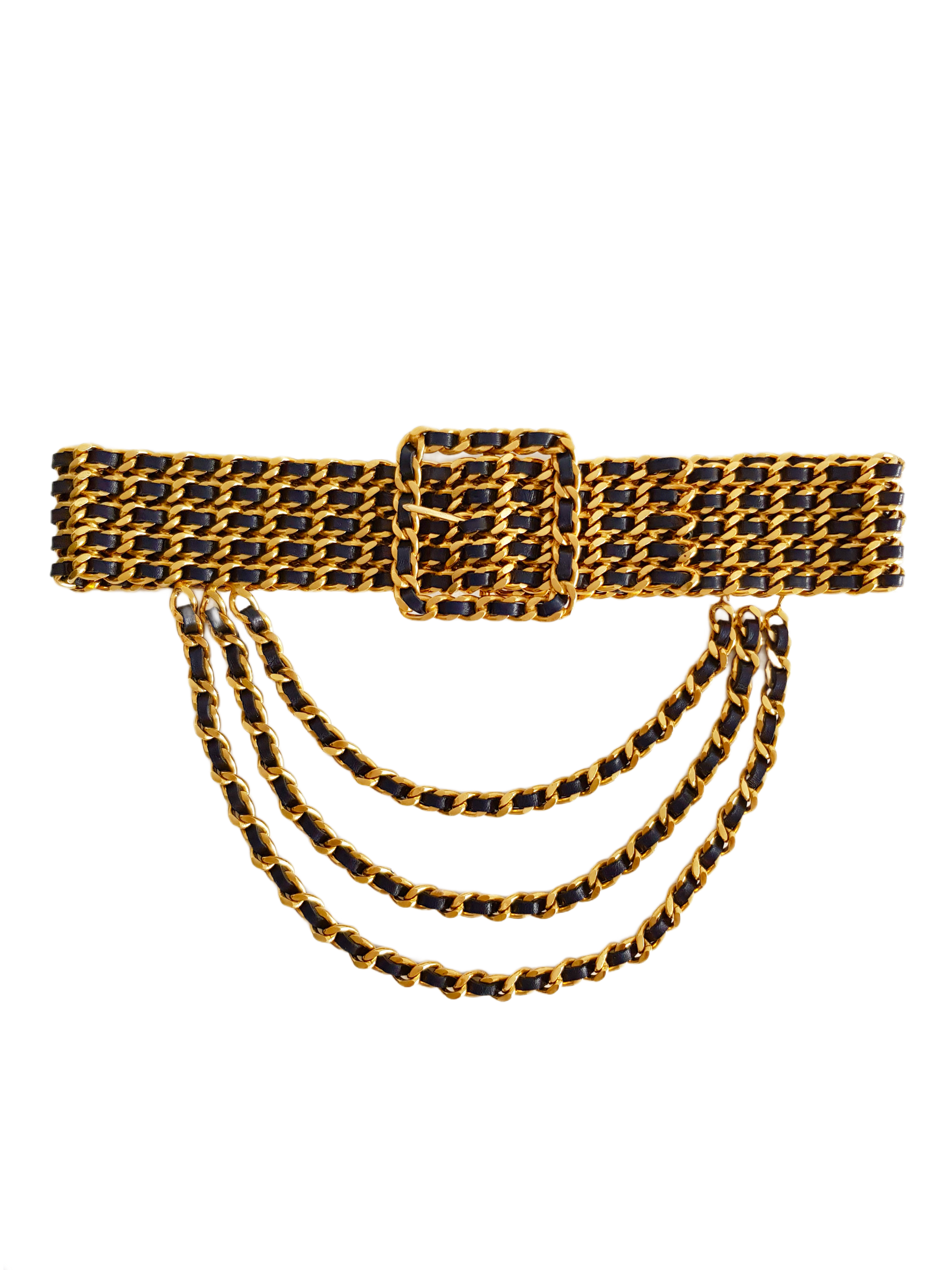 CHANEL SPRING / SUMMER 1993 (93P) GOLD PLATED BLACK LEATHER ENTWINED WIDE CHAIN BELT