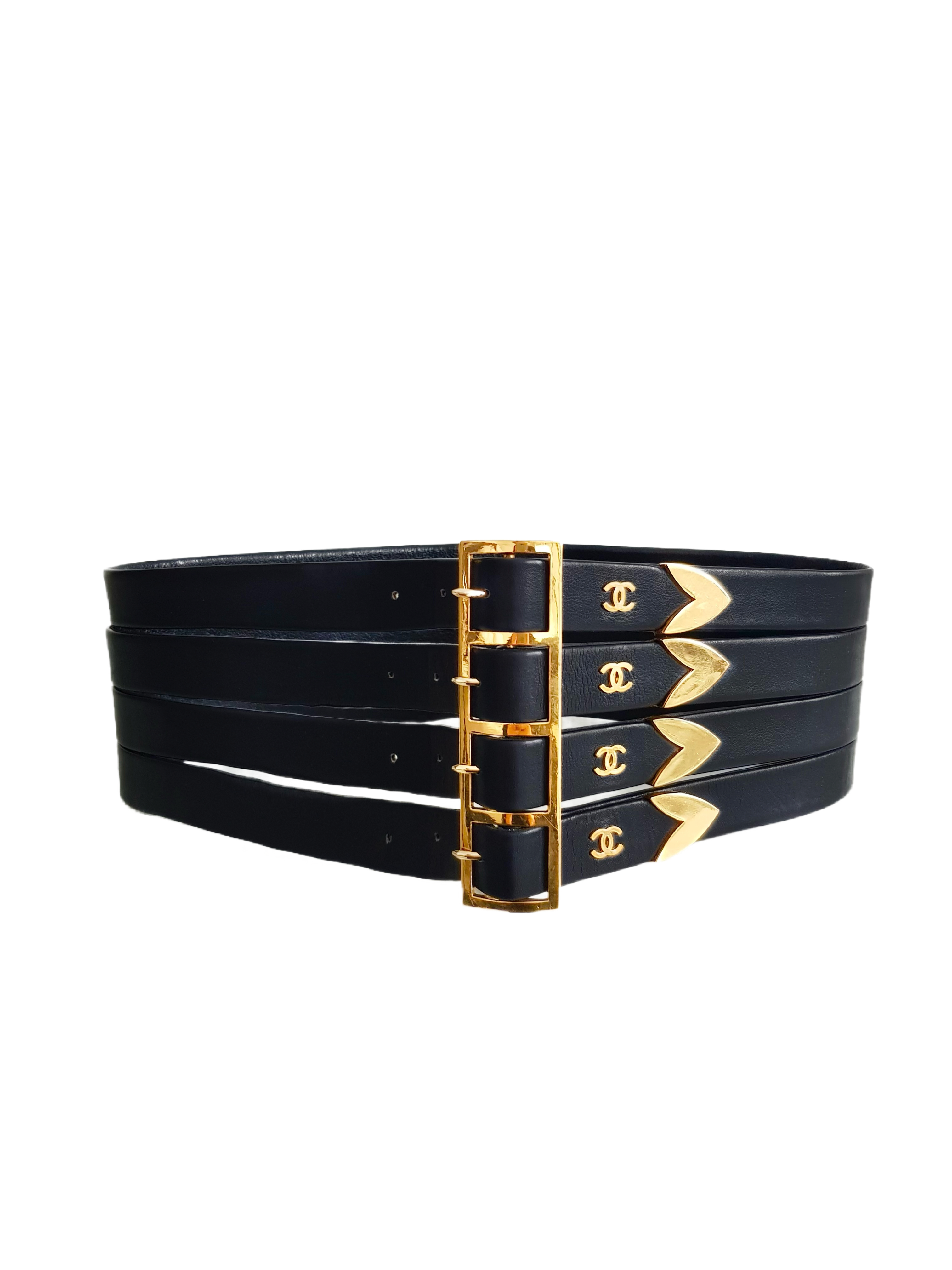 CHANEL FALL/WINTER 1992 (COLLECTION 29) BLACK LEATHER GOLD PLATED CC LOGO WIDE MULTI BUCKLE CORSET BELT