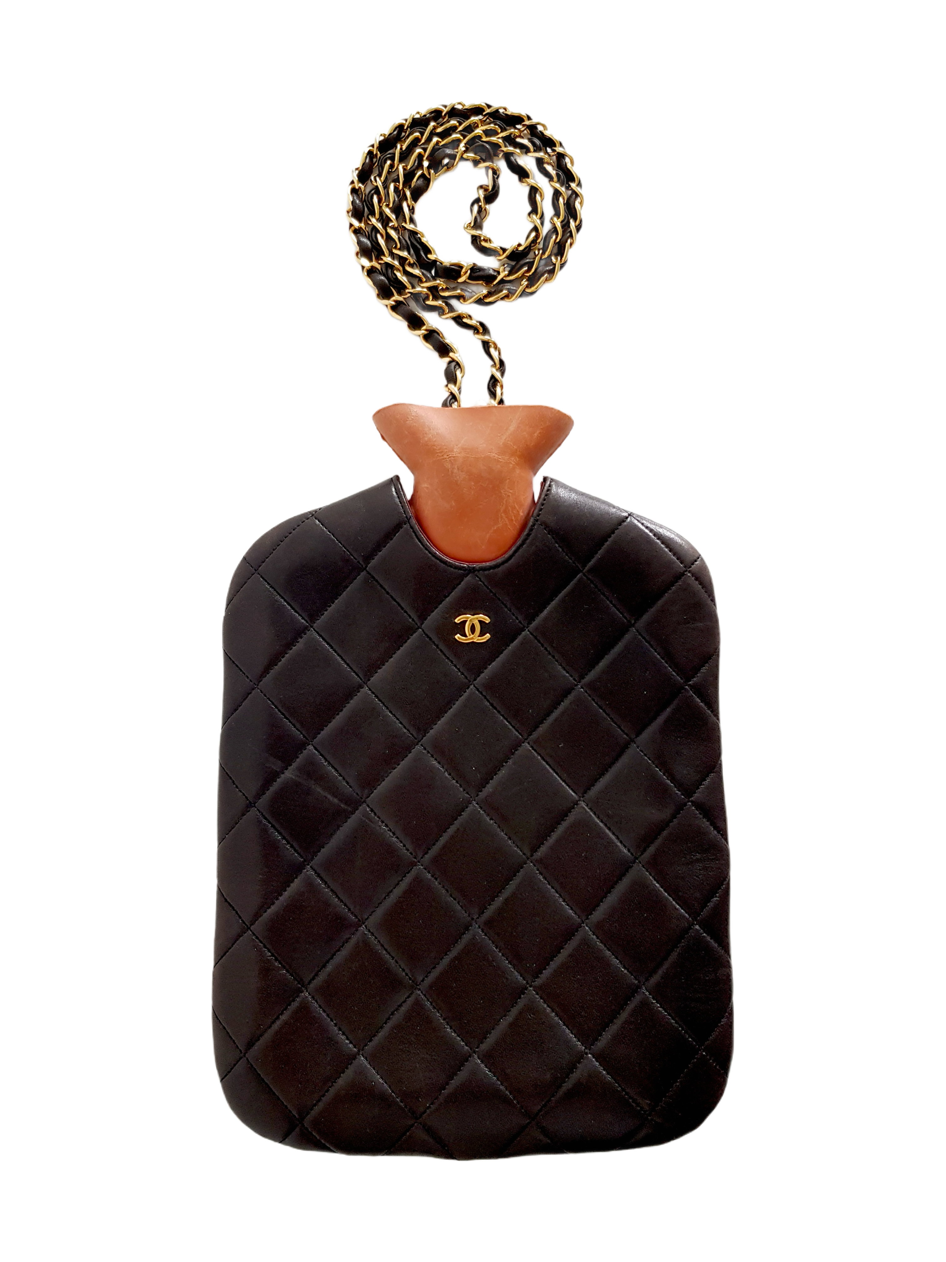 CHANEL FALL / WINTER 1993 BLACK QUILTED LEATHER HOT WATER BOTTLE HOLDER