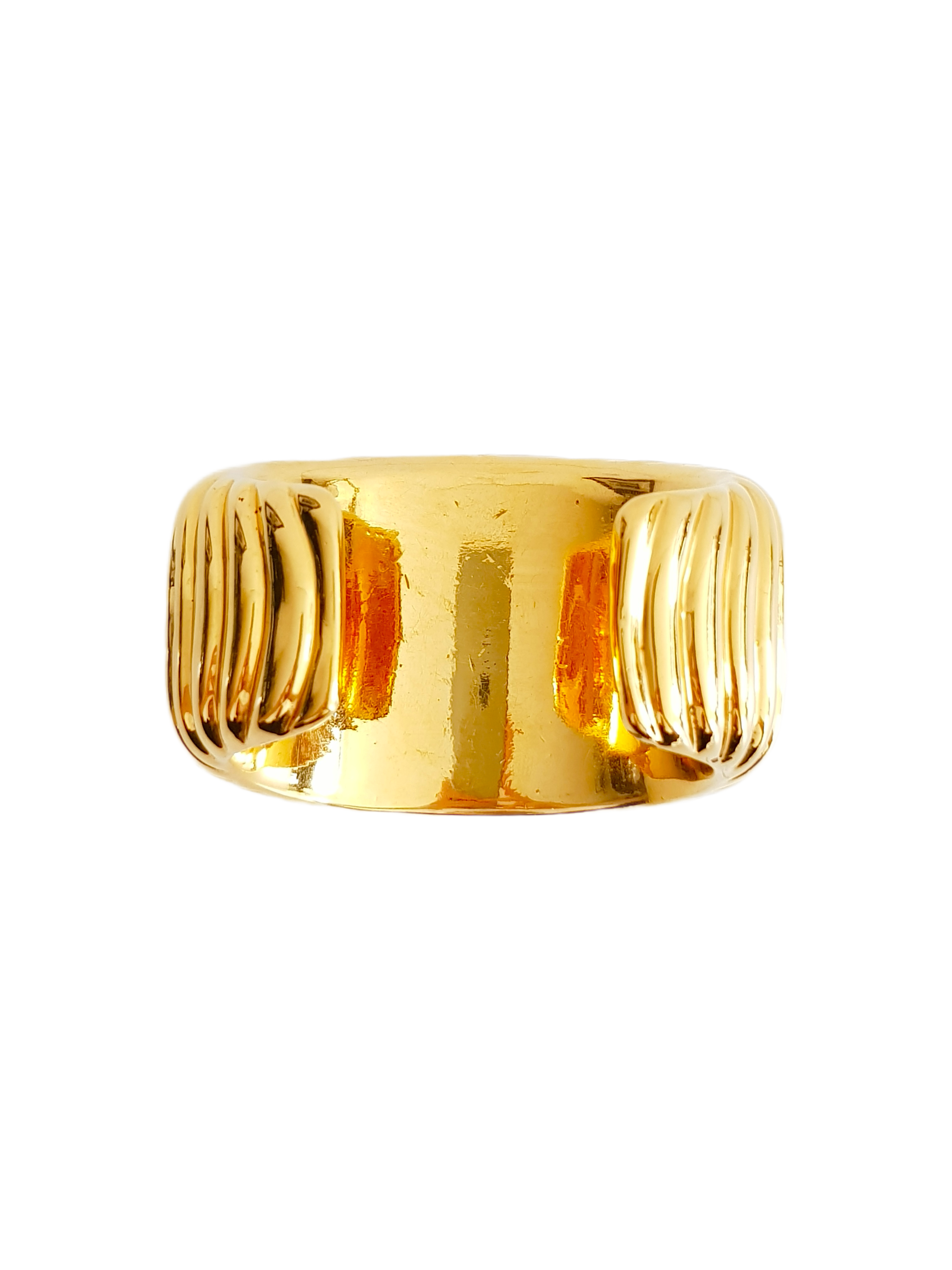 CHANEL FALL / WINTER 1984 (COLLECTION 23) GOLD PLATED CC LOGO BLACK ENAMEL WIDE RIBBED CUFF BRACELET