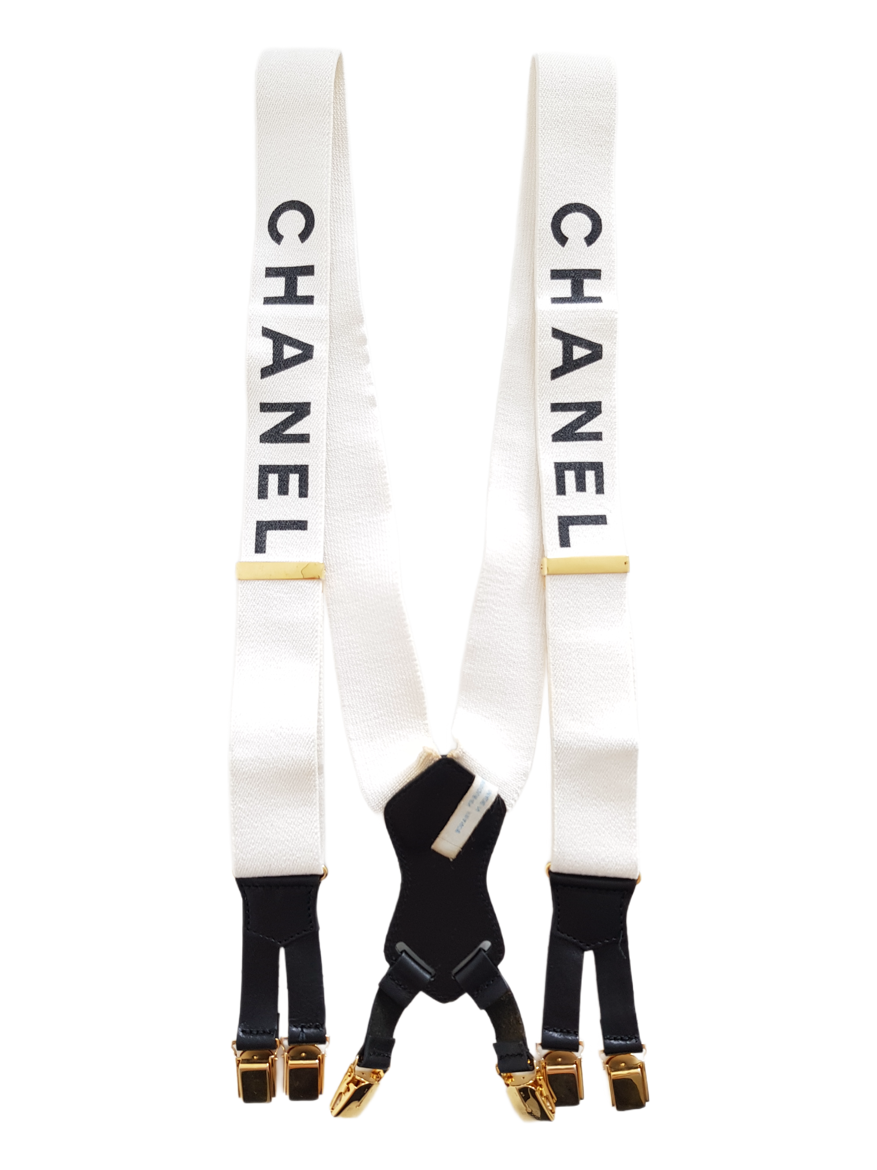 CHANEL SPRING / SUMMER 1997 (97P) WHITE CC SPELLOUT LOGO SUSPENDERS