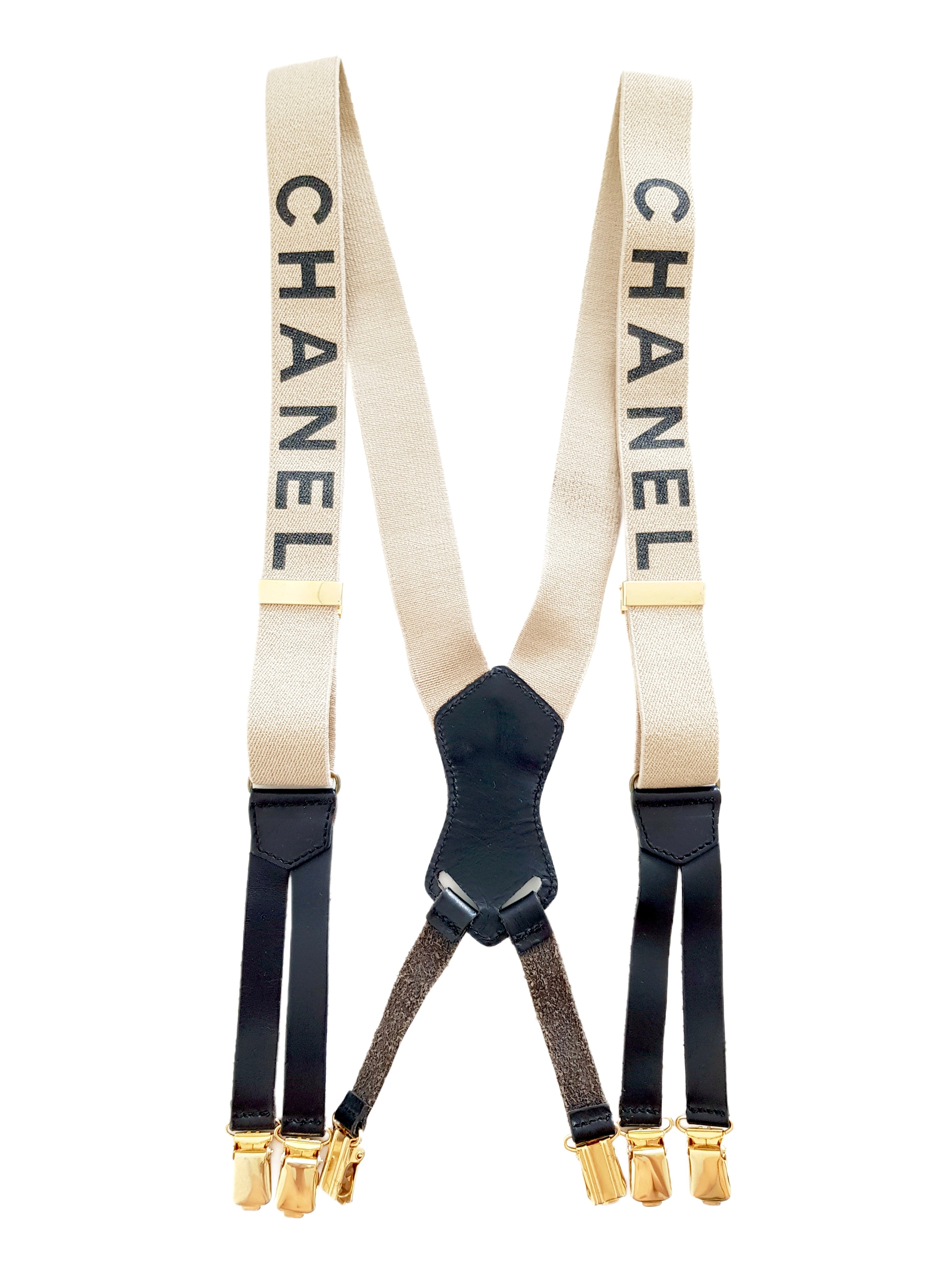 CHANEL SPRING / SUMMER 1994 (94P) ECRU CC SPELLOUT LOGO SUSPENDERS