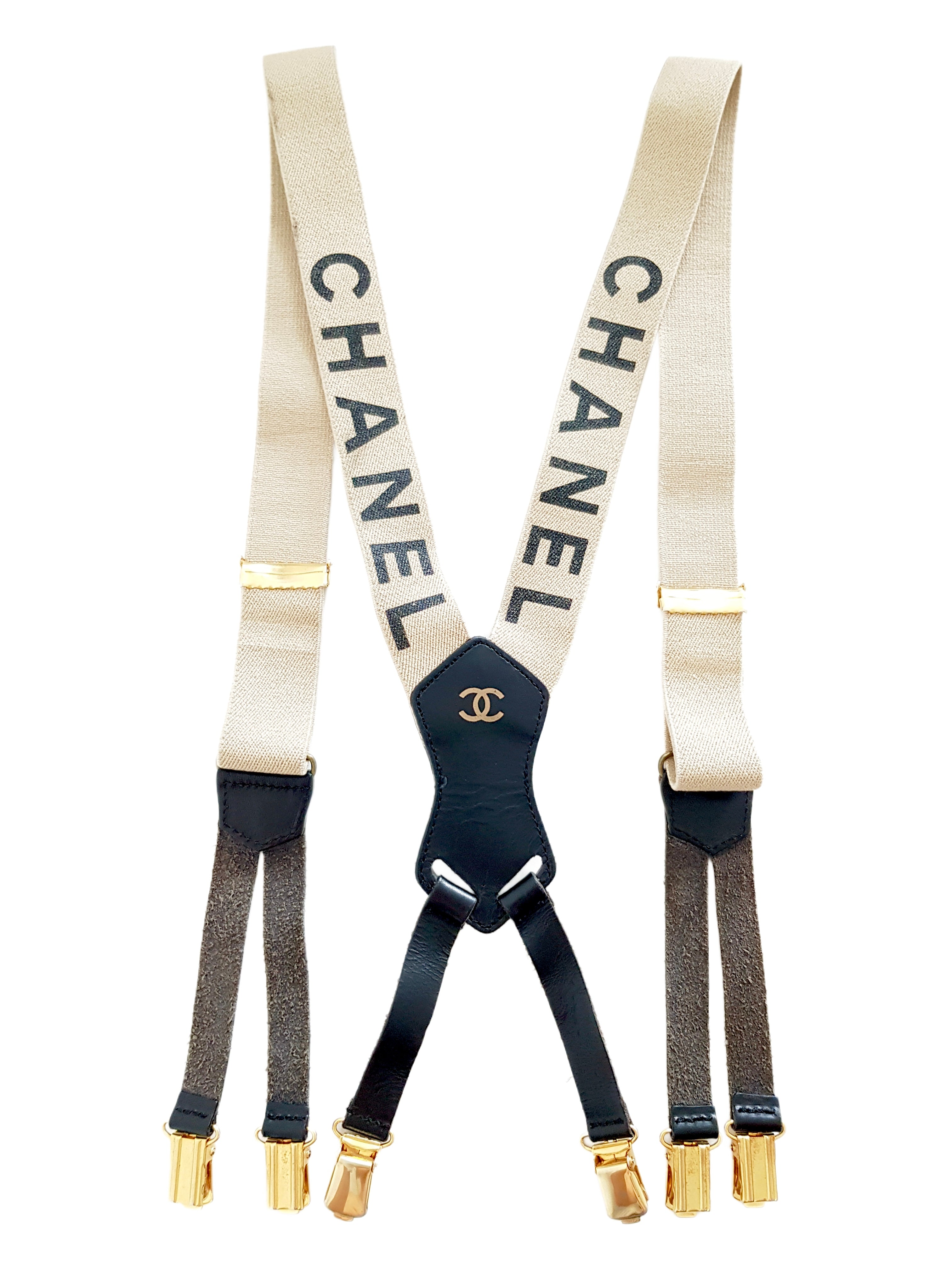 CHANEL SPRING / SUMMER 1994 (94P) ECRU CC SPELLOUT LOGO SUSPENDERS