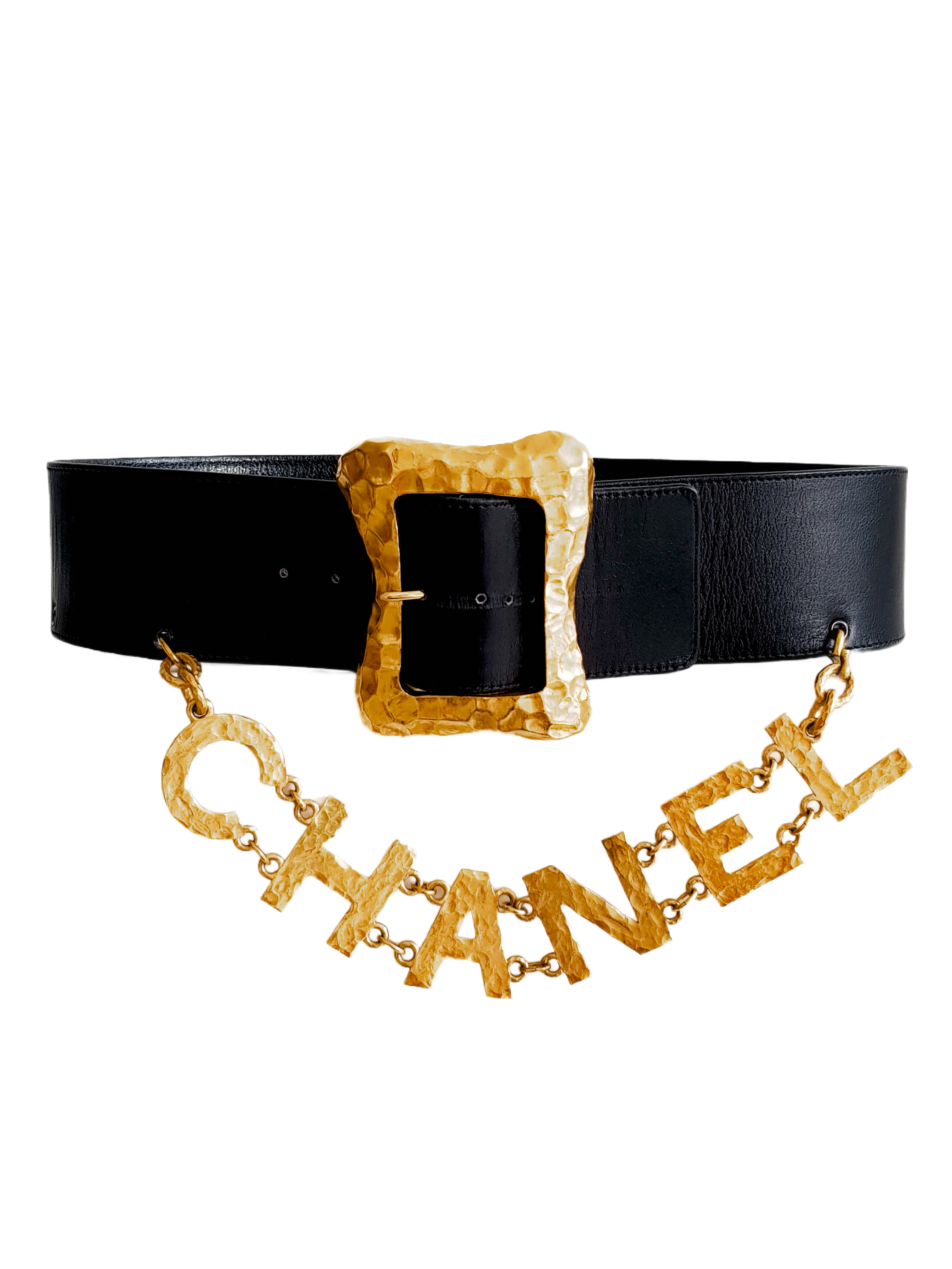 CHANEL SPRING / SUMMER 1993 (93P) BLACK LEATHER GOLD PLATED SPELLOUT LOGO BUCKLE BELT