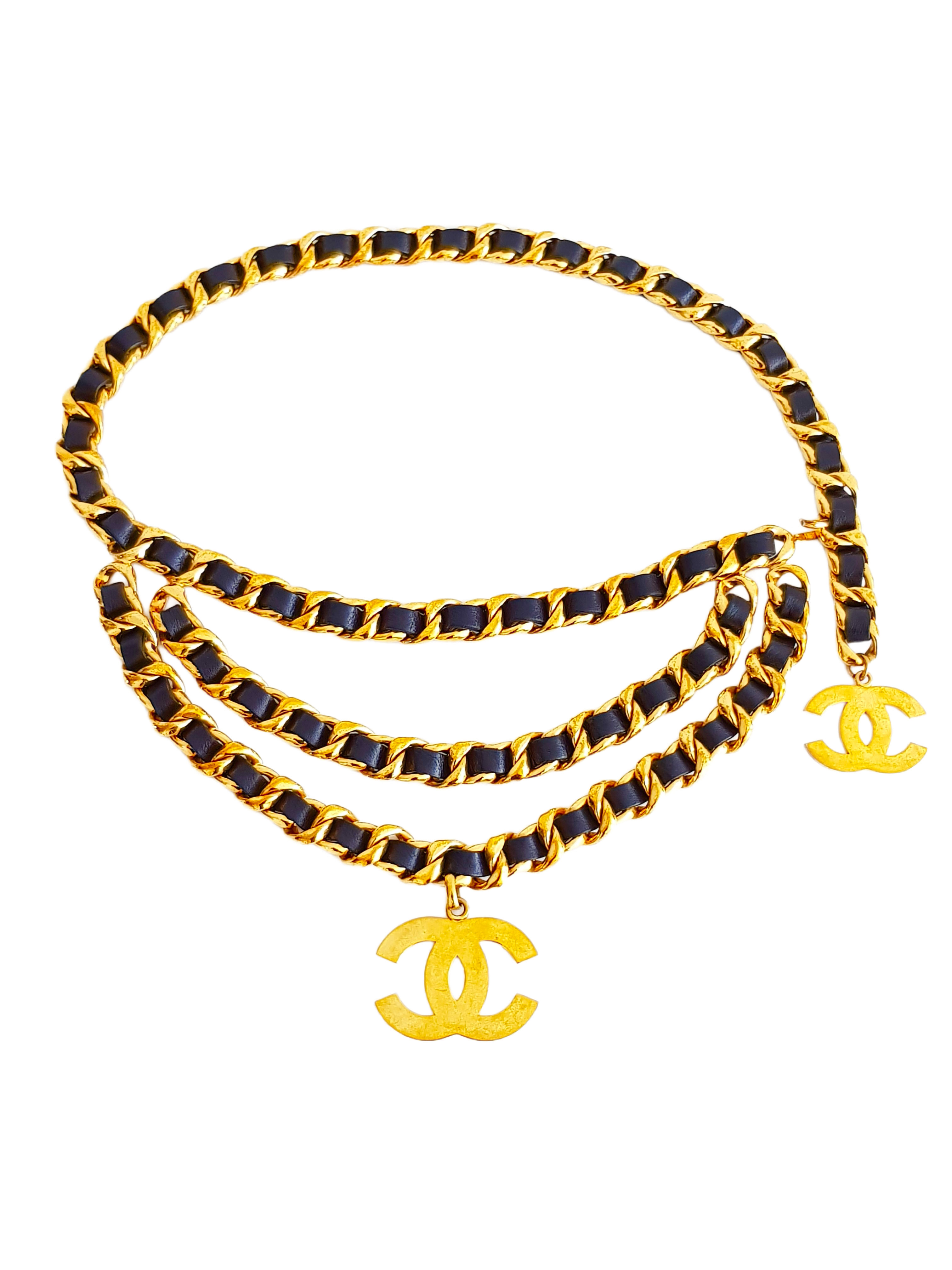 CHANEL SPRING / SUMMER 1992 (COLLECTION 28) GOLD PLATED BLACK ENTWINED LEATHER CC LOGO TRIPLE CHAIN BELT