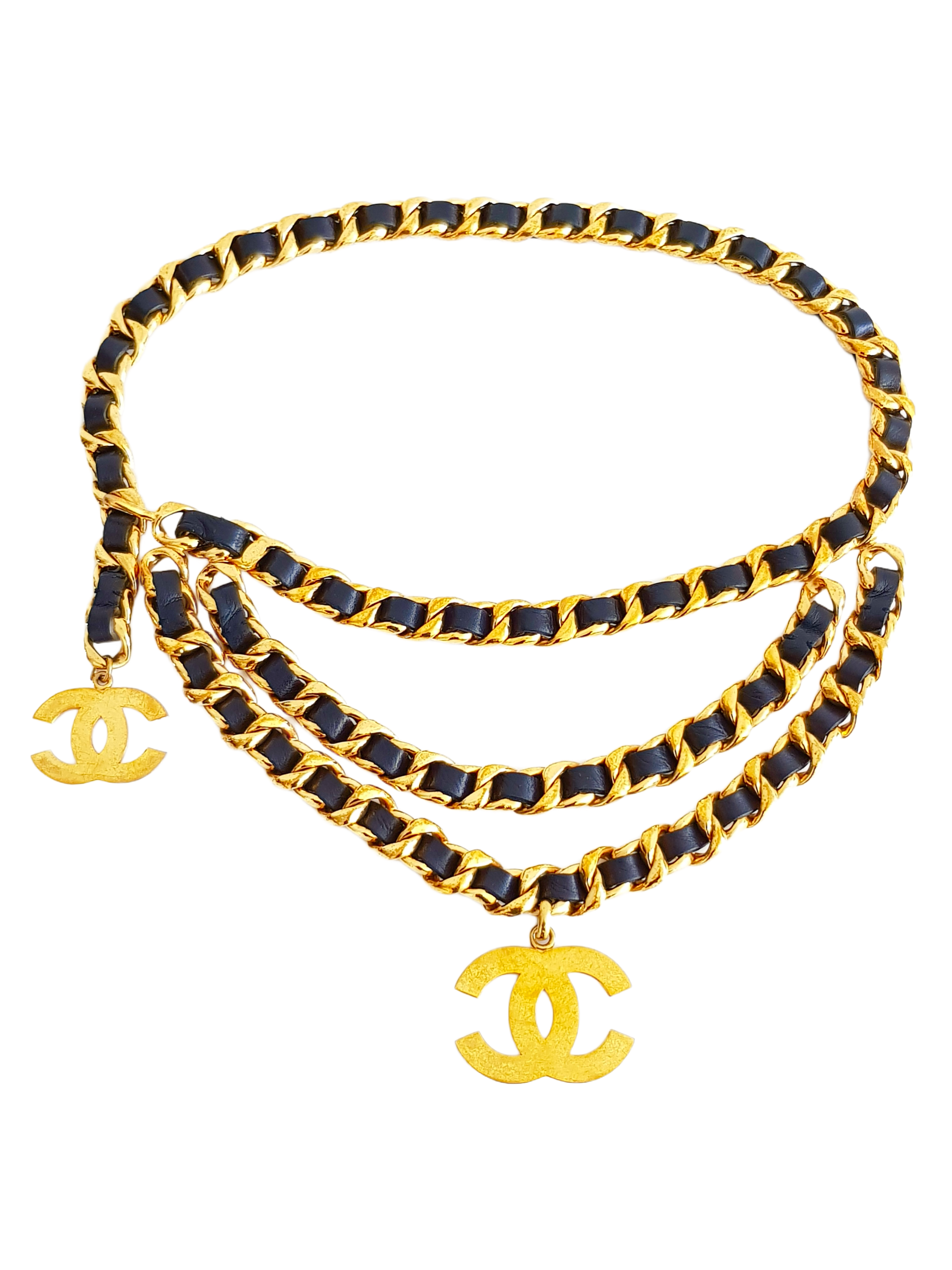 CHANEL SPRING / SUMMER 1992 (COLLECTION 28) GOLD PLATED BLACK ENTWINED LEATHER CC LOGO TRIPLE CHAIN BELT