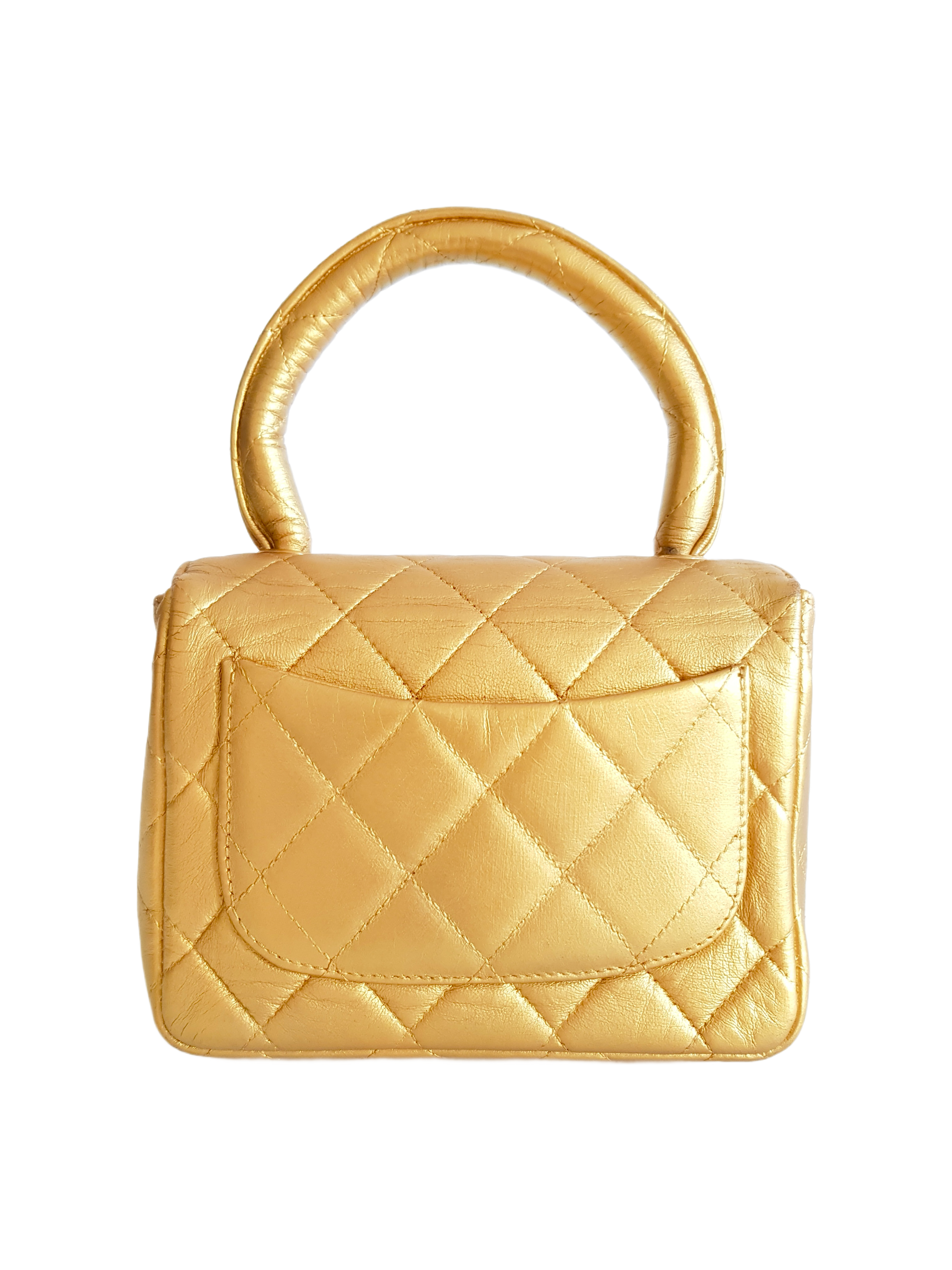 CHANEL FALL / WINTER 1994 (28 SERIES) GOLD QUILTED LEATHER CC TURNLOCK LOGO TOP HANDLE MICRO HAND BAG