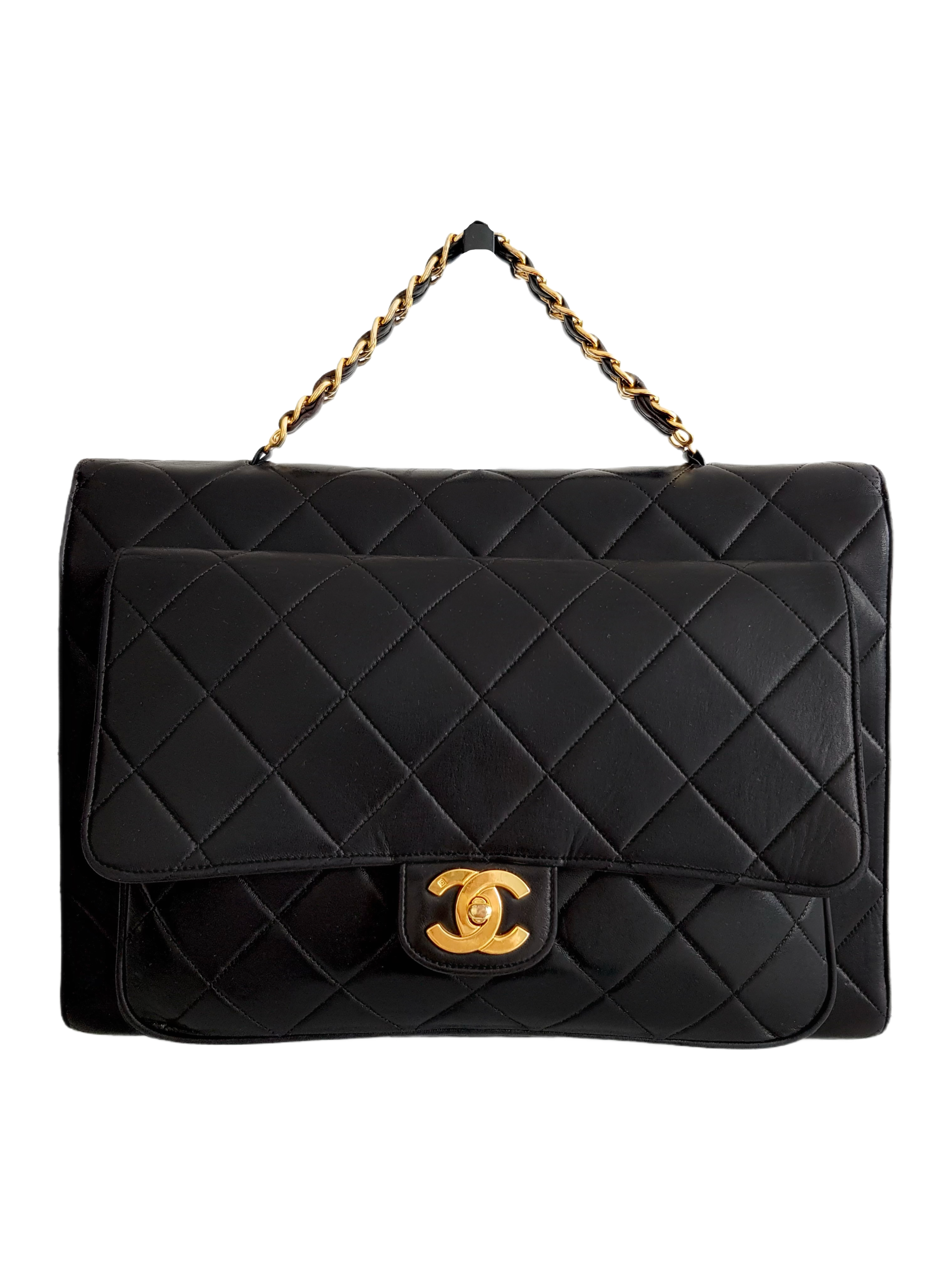 CHANEL 1994-1996 (37 SERIES) BLACK QUILTED LAMBSKIN LEATHER GOLD PLATED CC TURNLOCK LOGO BRIEFCASE DOUBLE SIDED HANDBAG