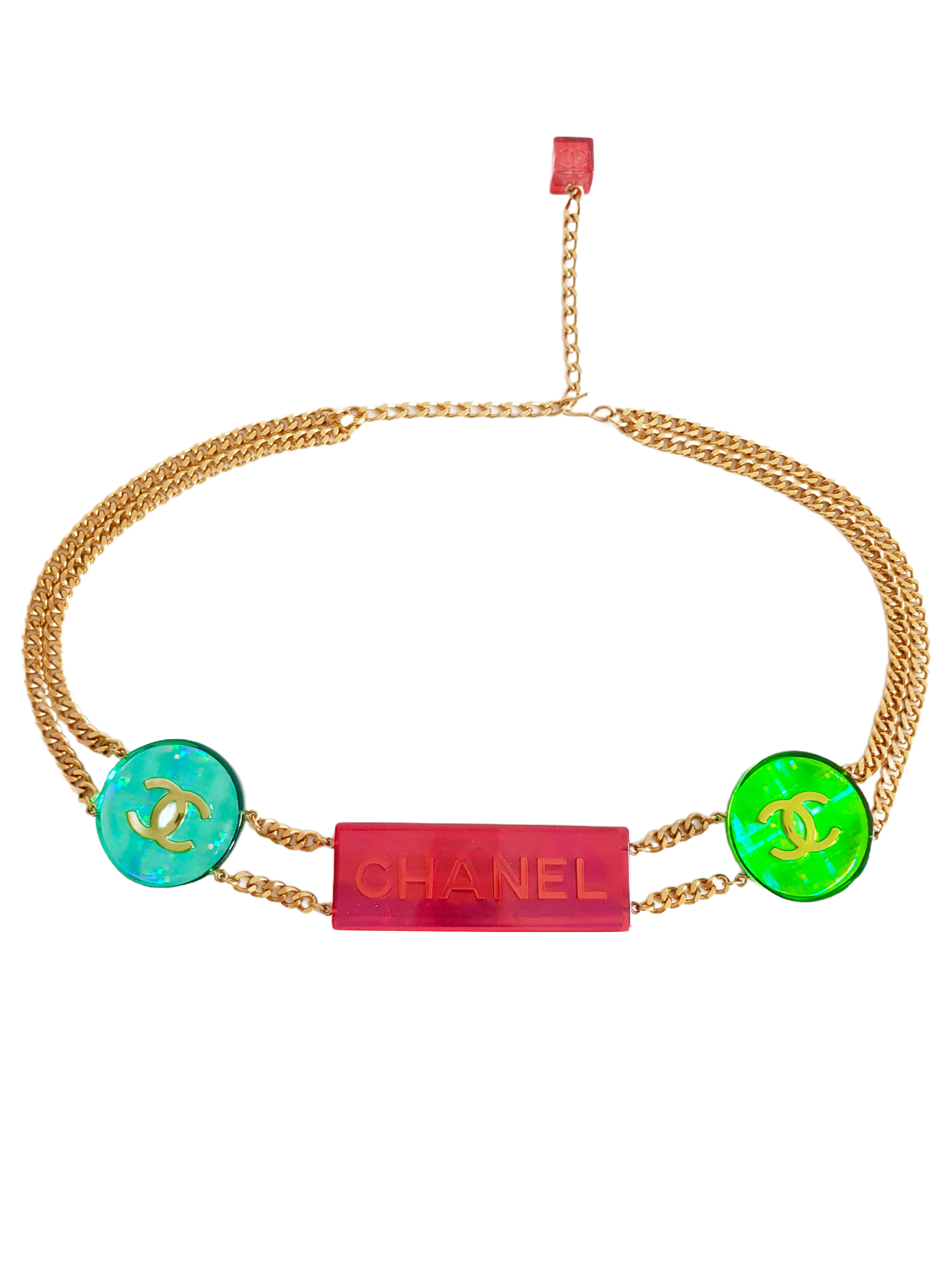 CHANEL SPRING / SUMMER 1997 (97P) GOLD PLATED MULTICOLOUR BLUE RED GREEN IRIDESCENT CC SPELLOUT LOGO CHAIN BELT