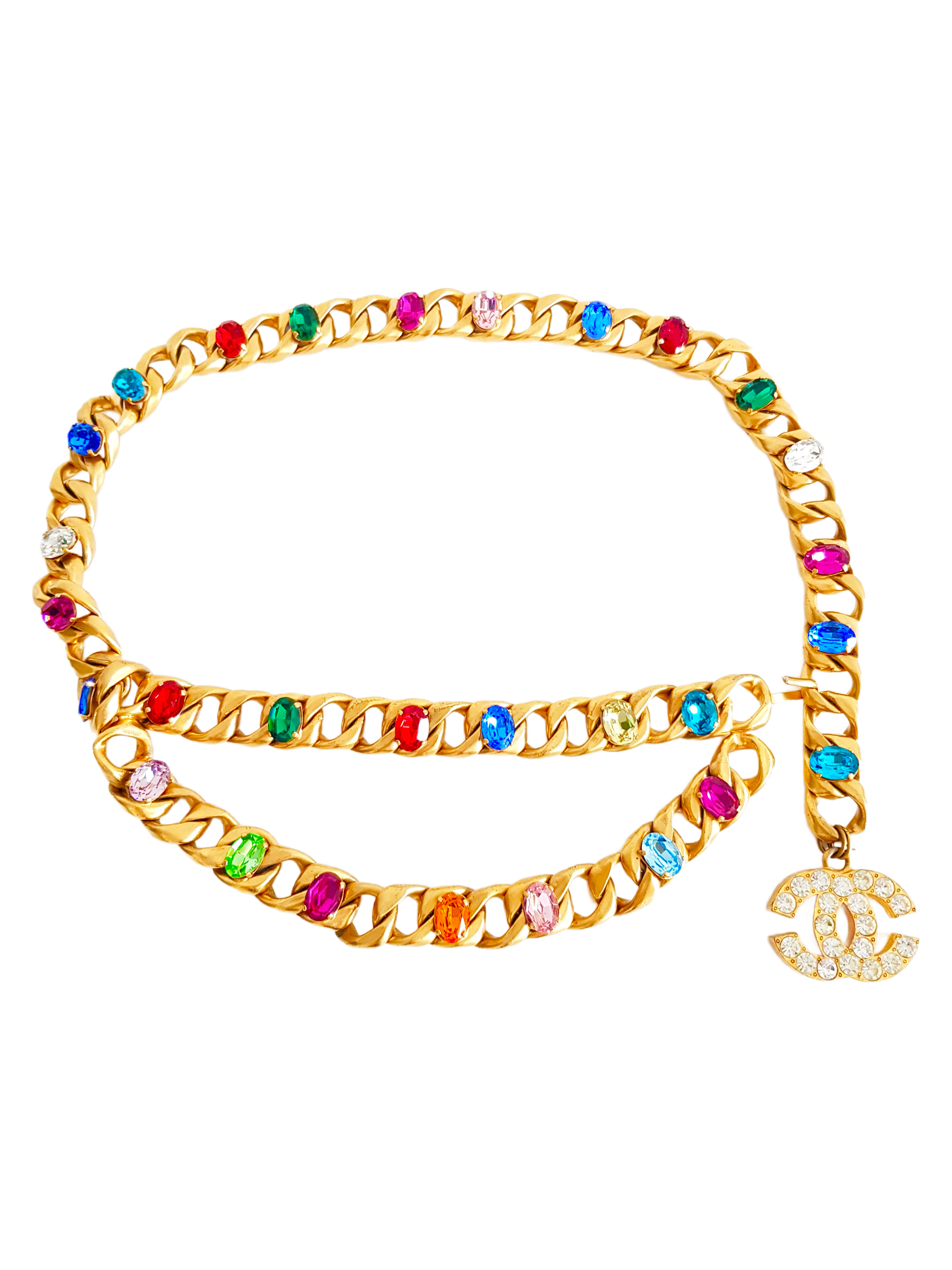 CHANEL SPRING / SUMMER 1995 (95P) 'BARBIE COLLECTION' GOLD PLATED MULTICOLOUR CRYSTAL GEMSTONE CC LOGO CHAIN BELT