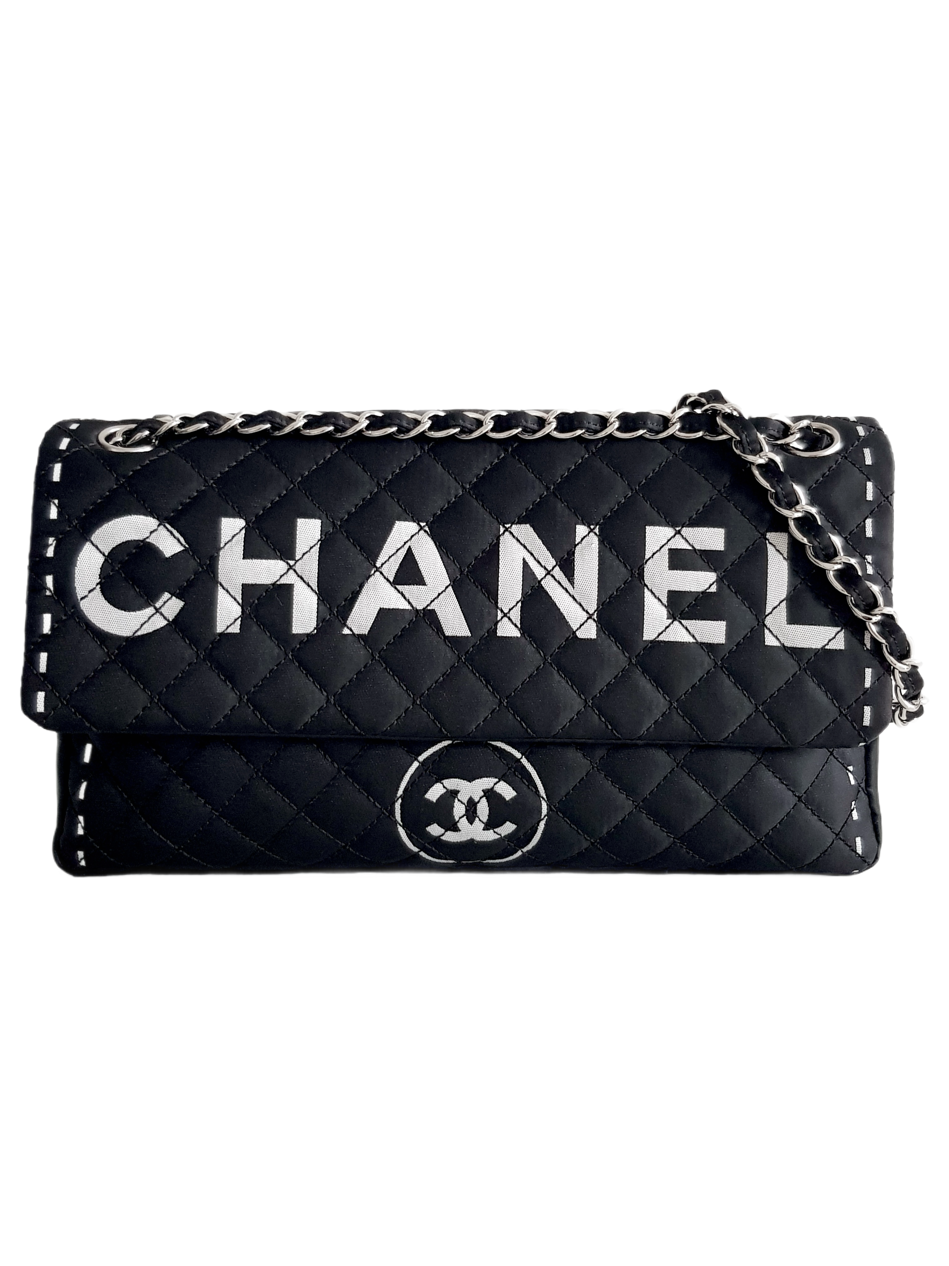 CHANEL CRUISE COLLECTION 2008 (11 SERIES) BLACK NYLON WHITE CC SPELLOUT LOGO 'LABEL' HANDBAG