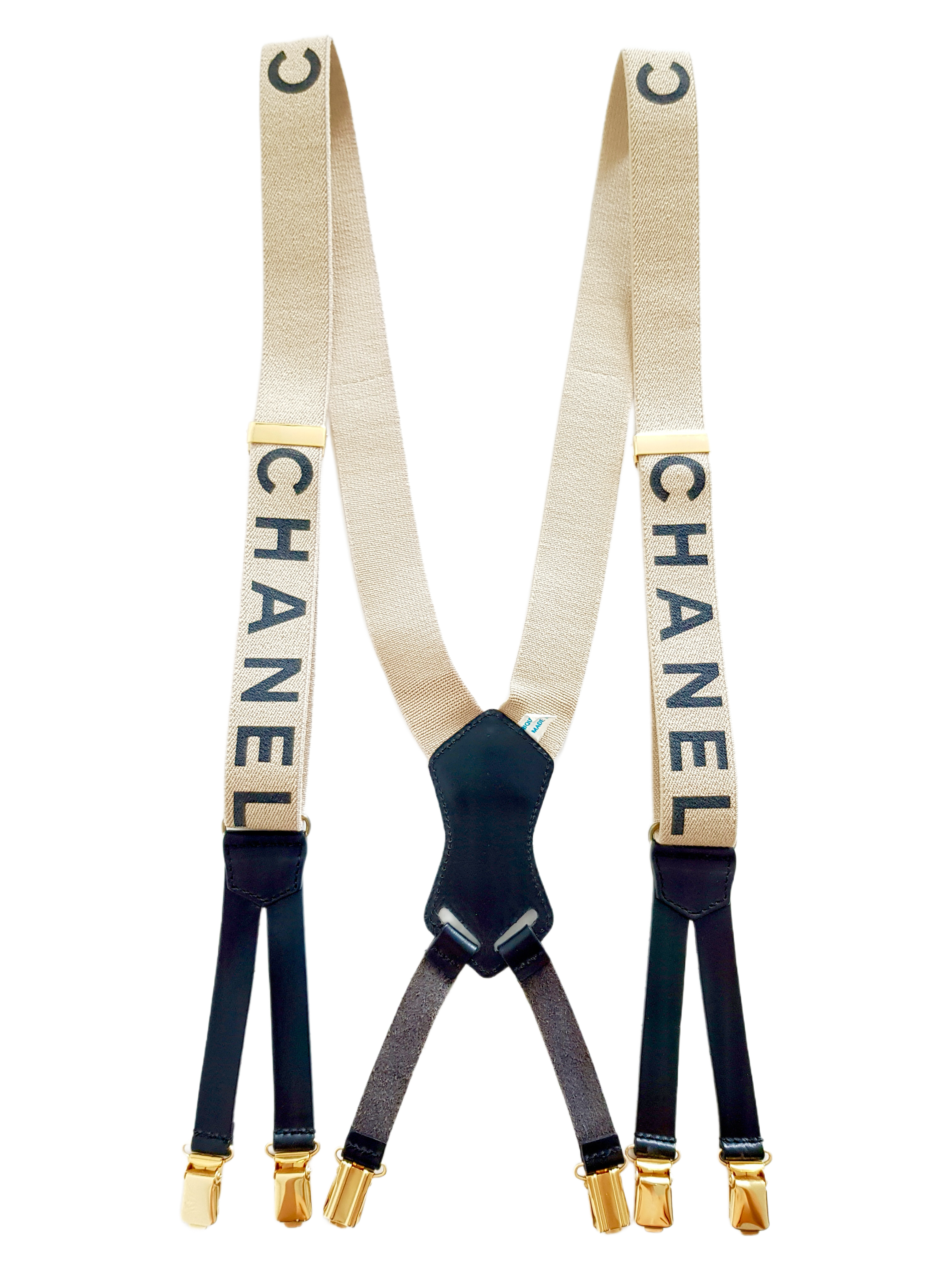 CHANEL SPRING / SUMMER 1994 (94P) ECRU CC SPELLOUT LOGO SUSPENDERS