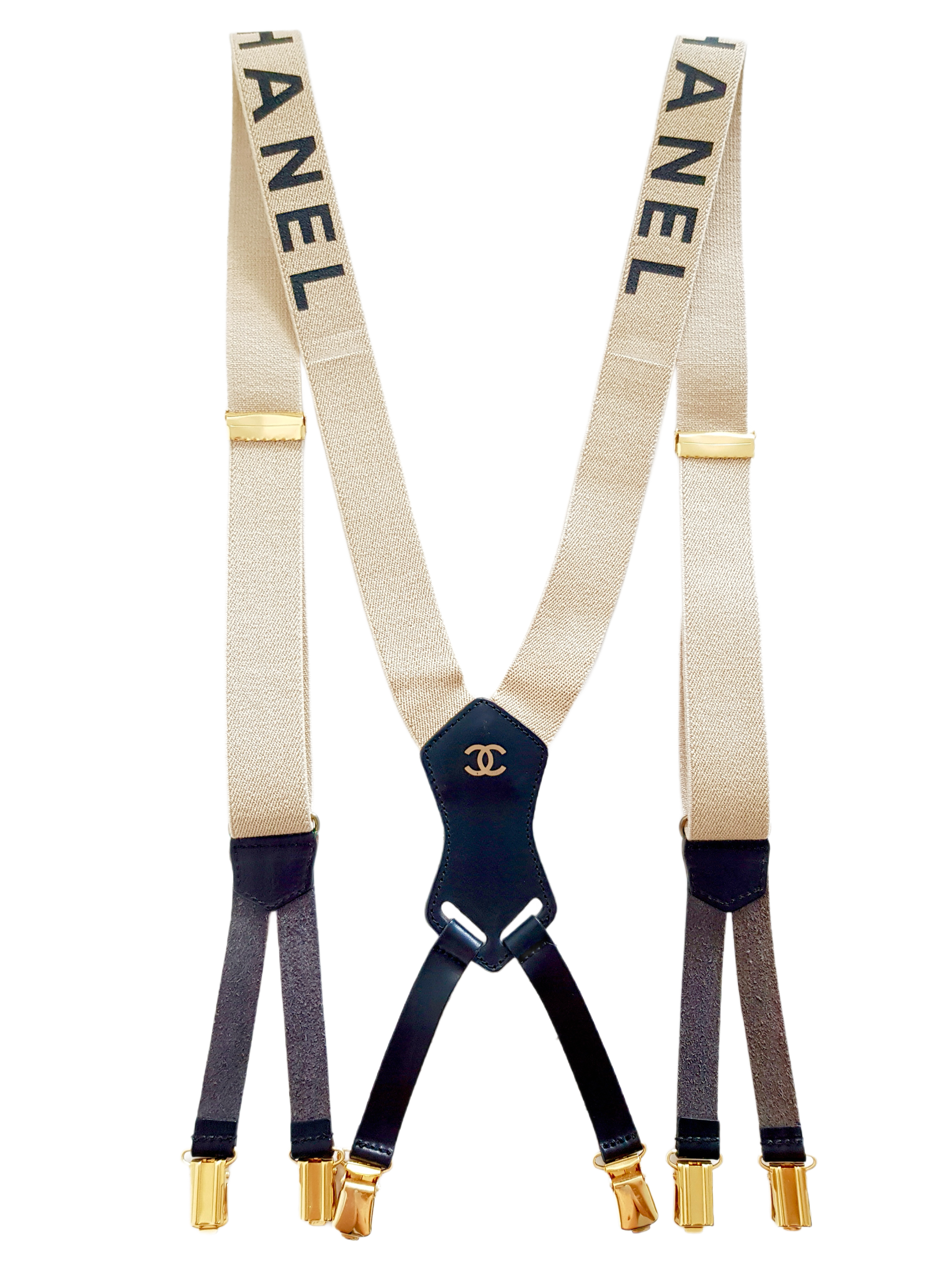 CHANEL SPRING / SUMMER 1994 (94P) ECRU CC SPELLOUT LOGO SUSPENDERS