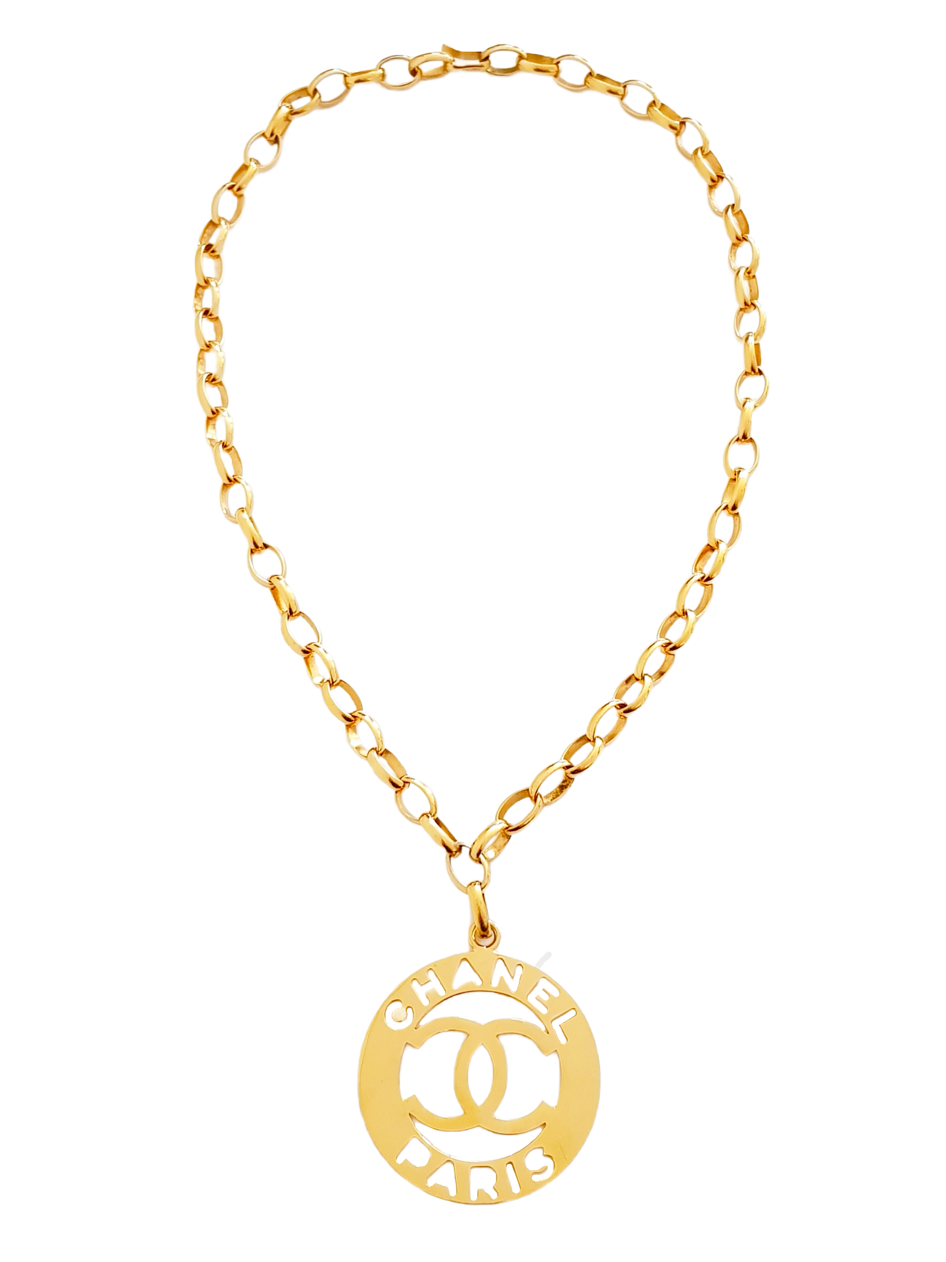 CHANEL SPRING / SUMMER 1988 GOLD PLATED CC CUTOUT LOGO MEDALLION NECKLACE