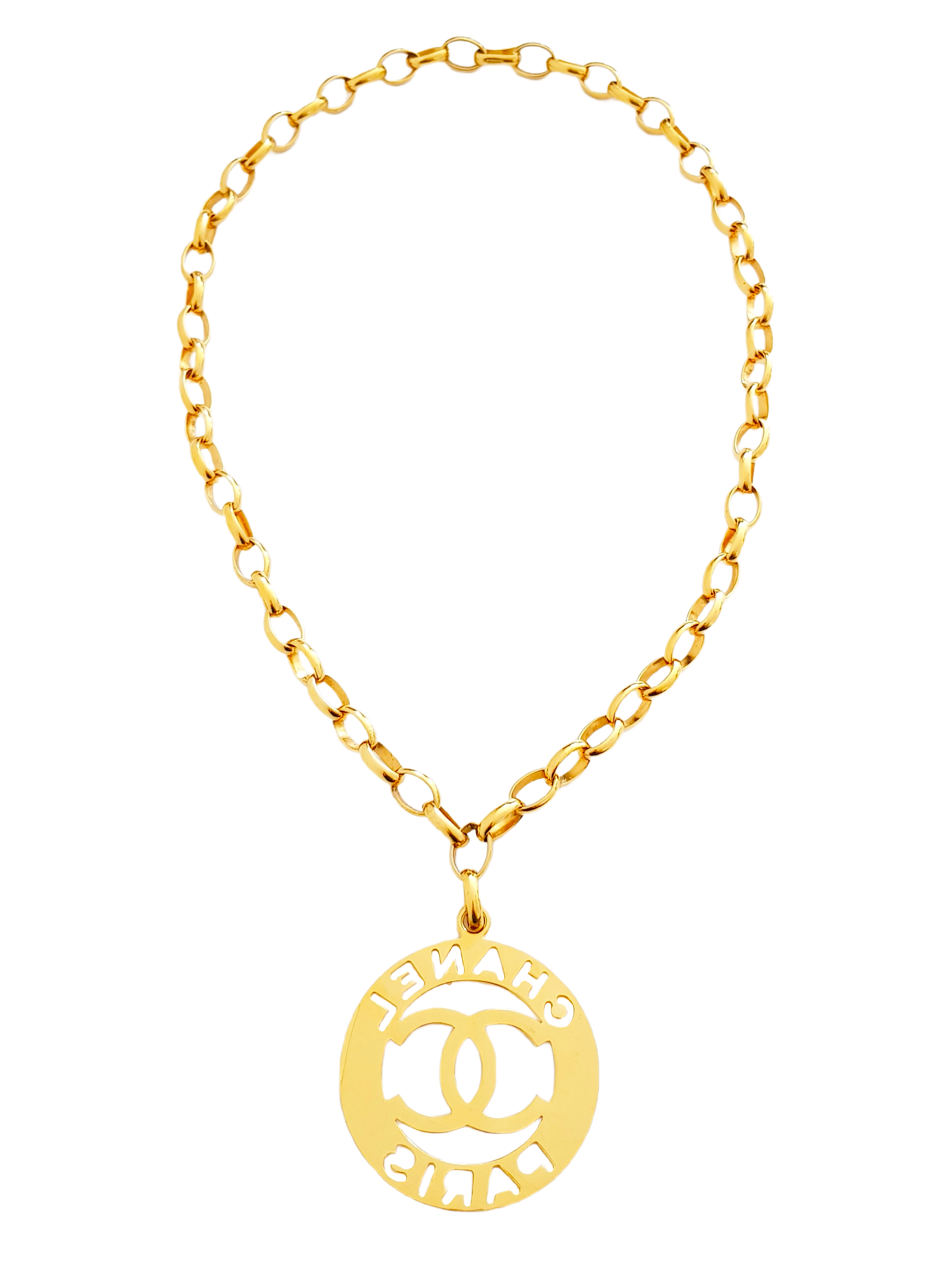 CHANEL SPRING / SUMMER 1988 GOLD PLATED CC CUTOUT LOGO MEDALLION NECKLACE