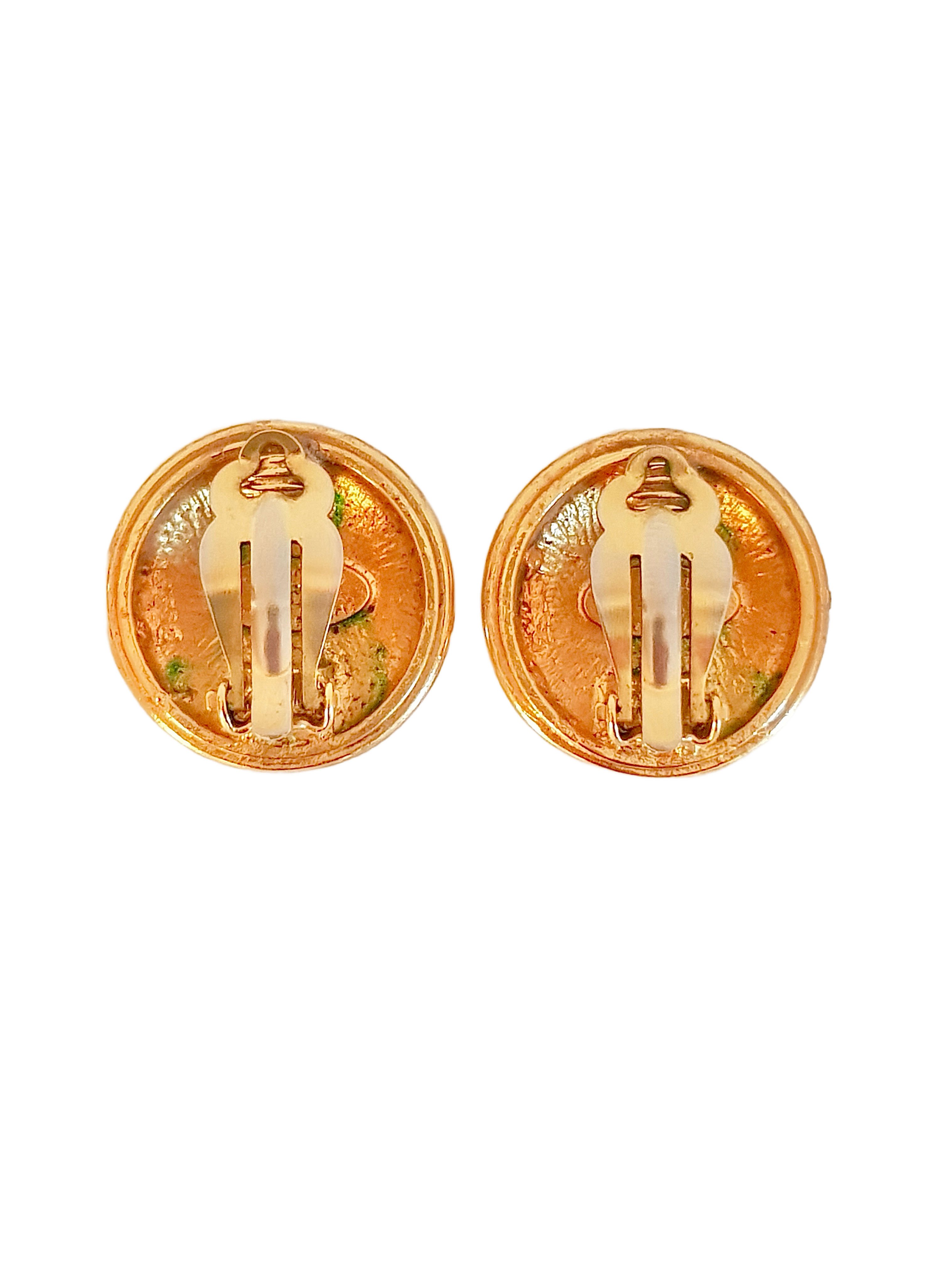 CHANEL 1990'S GOLD PLATED CC LOGO ROUND STARBURST CLIP-ON EARRINGS