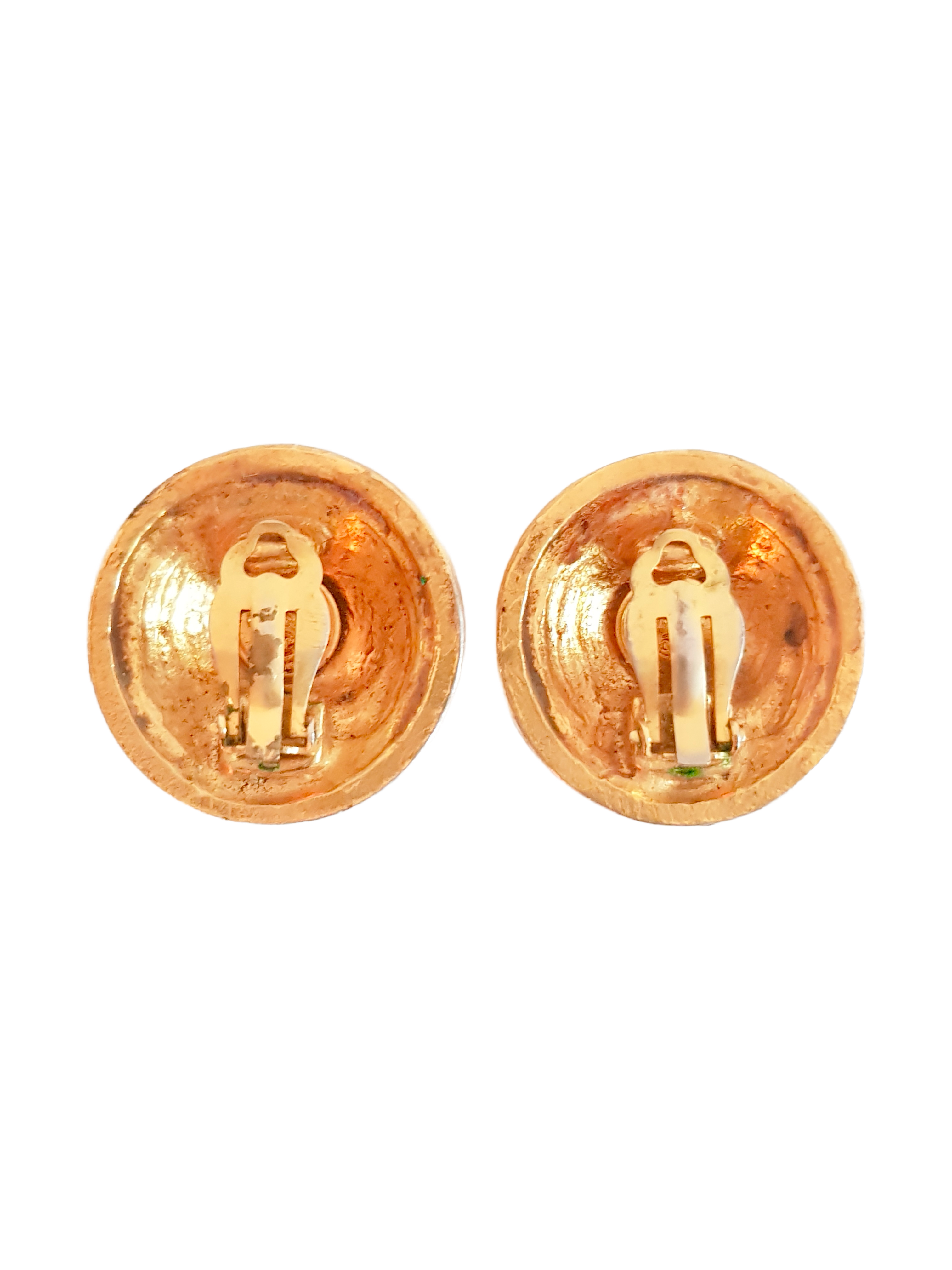 CHANEL 1990'S GOLD PLATED CC LOGO ROUND DOME XL CLIP-ON EARRINGS