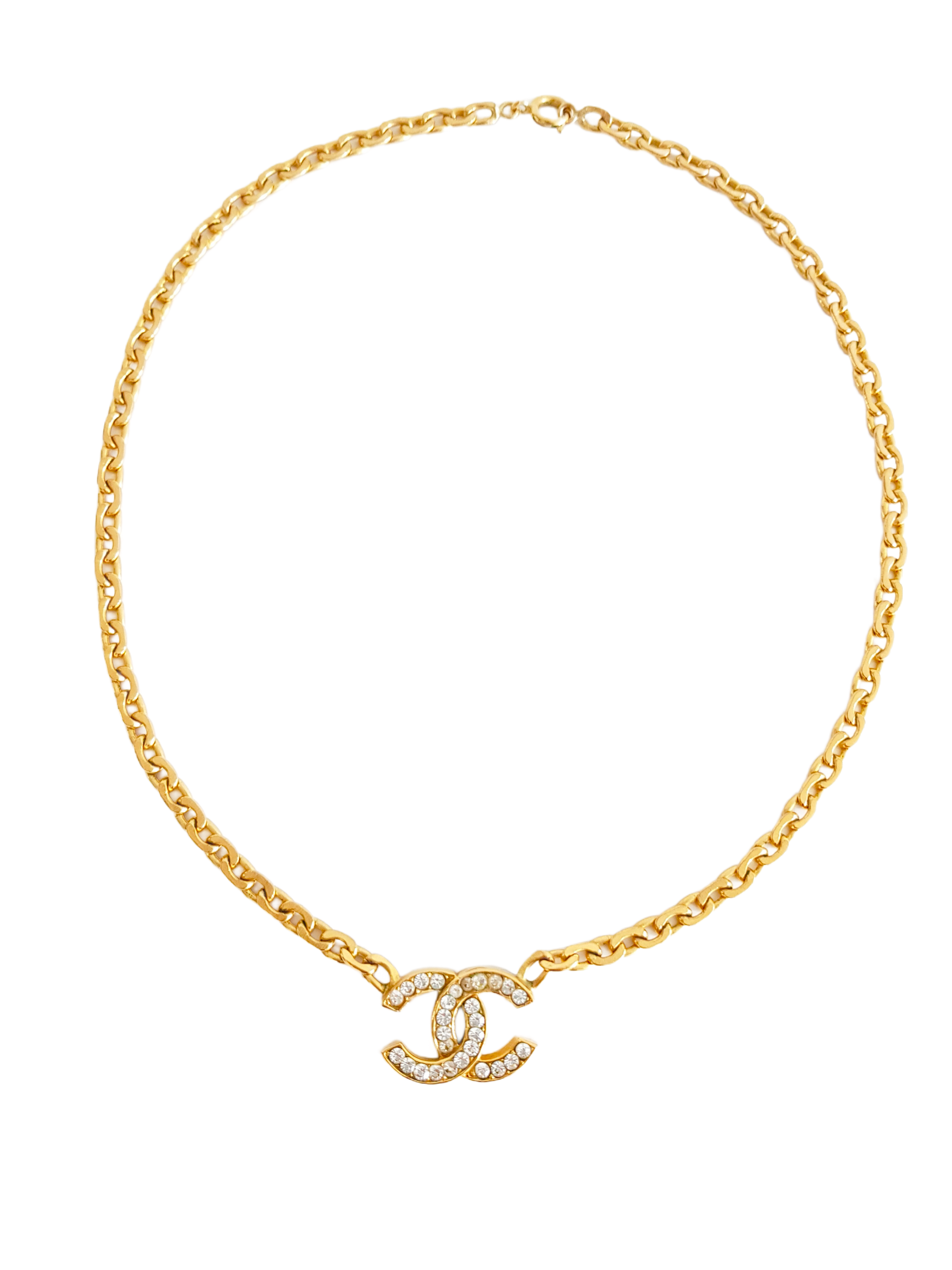 CHANEL 1980'S GOLD PLATED CRYSTAL RHINESTONE CC LOGO FLAT CHAIN NECKLACE