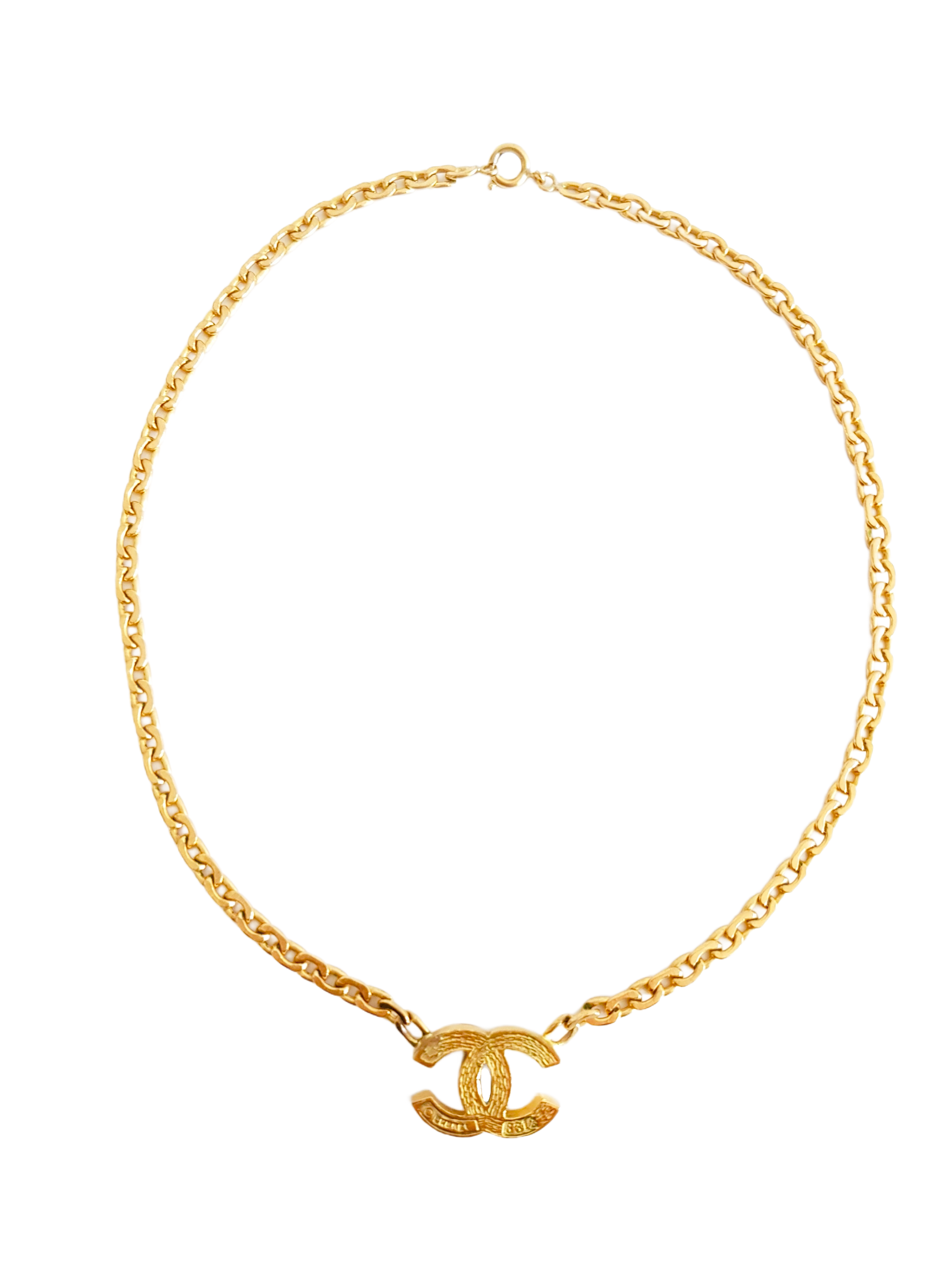 CHANEL 1980'S GOLD PLATED CRYSTAL RHINESTONE CC LOGO FLAT CHAIN NECKLACE