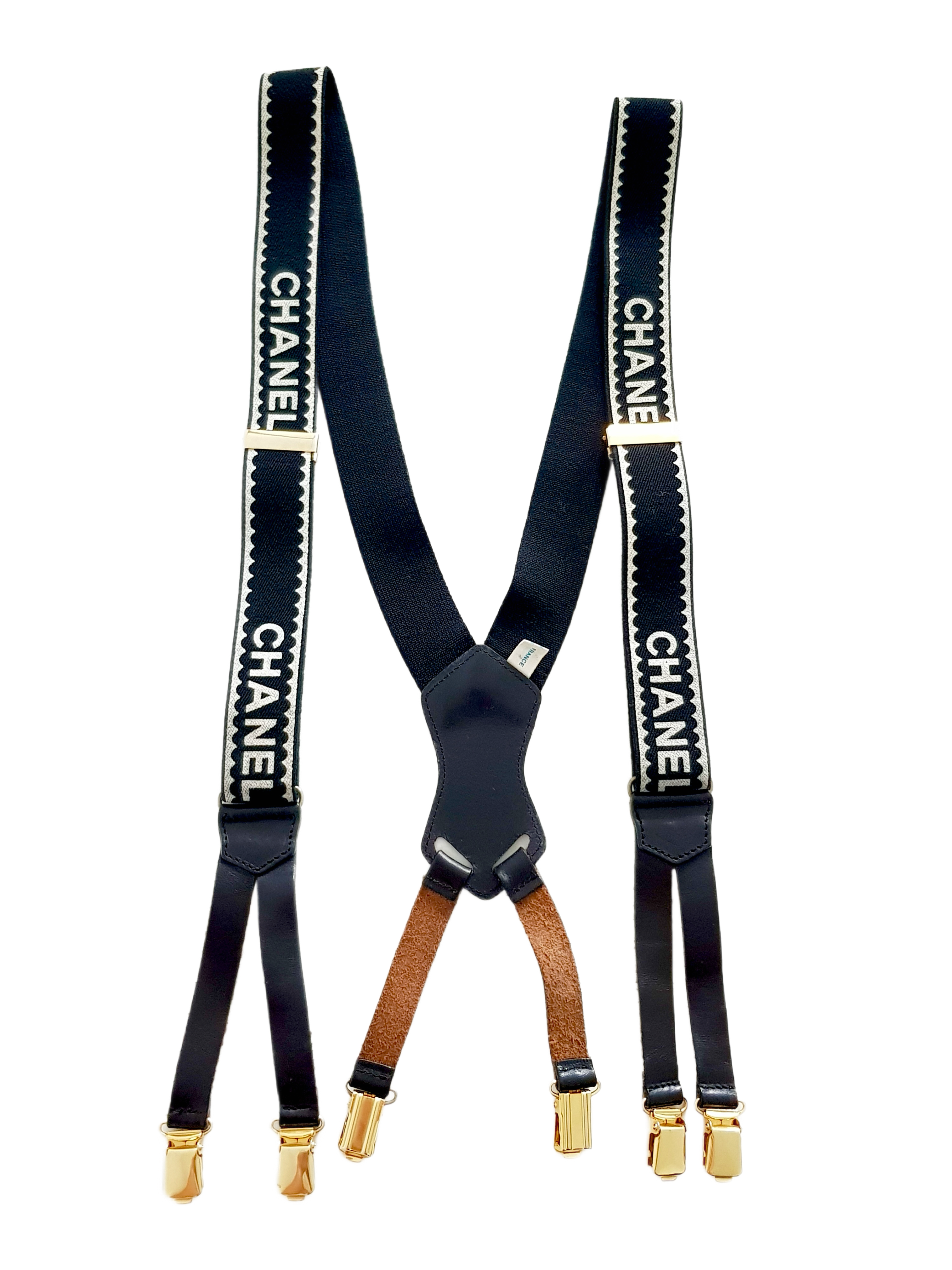 CHANEL FALL / WINTER 1994 BLACK CANVAS WHITE SPELLOUT LOGO SUSPENDERS