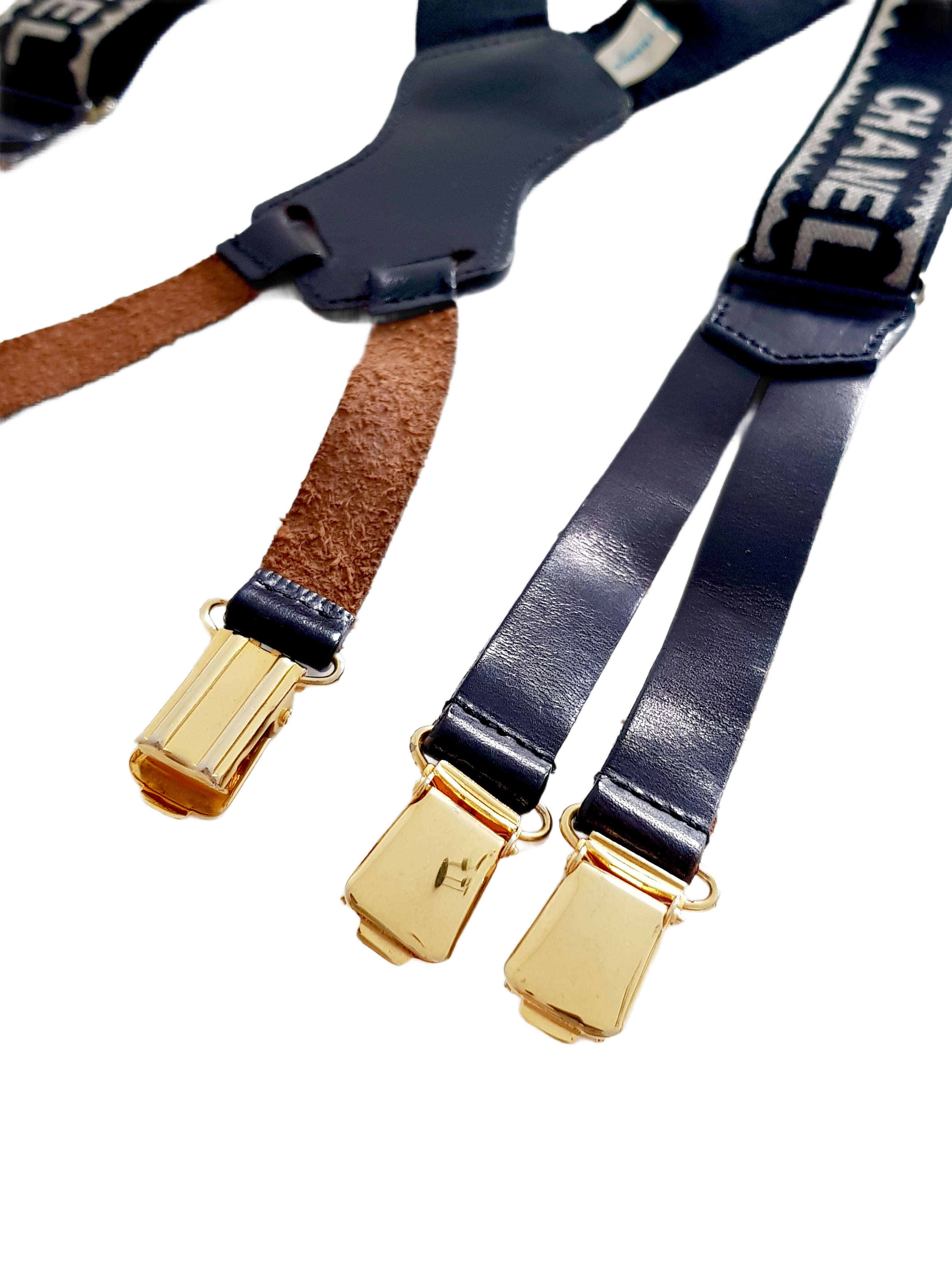 CHANEL FALL / WINTER 1994 BLACK CANVAS WHITE SPELLOUT LOGO SUSPENDERS
