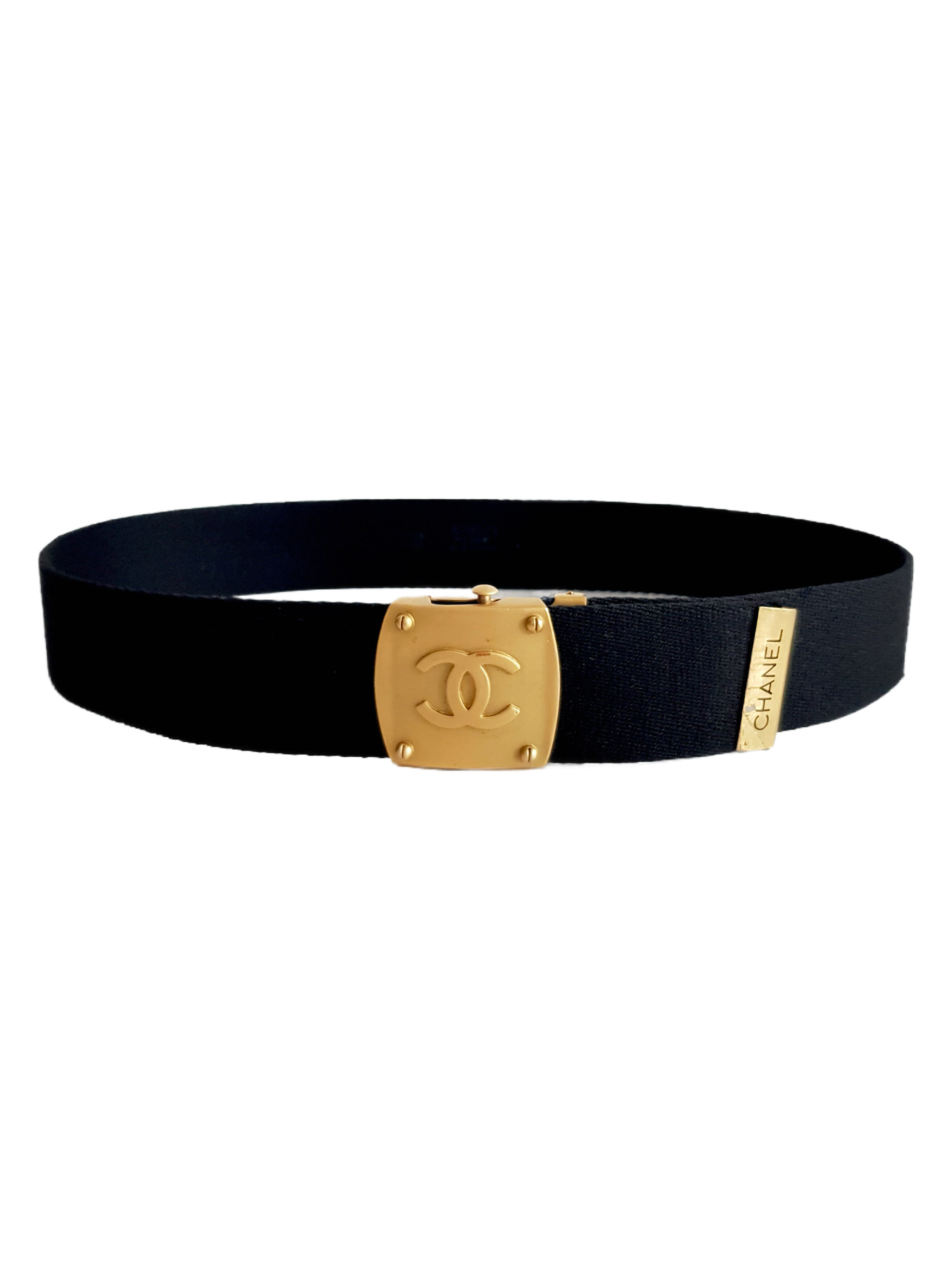 CHANEL FALL / WINTER 1994 (94A) BLACK CANVAS WHITE SPELLOUT LOGO BRASS BUCKLE BELT