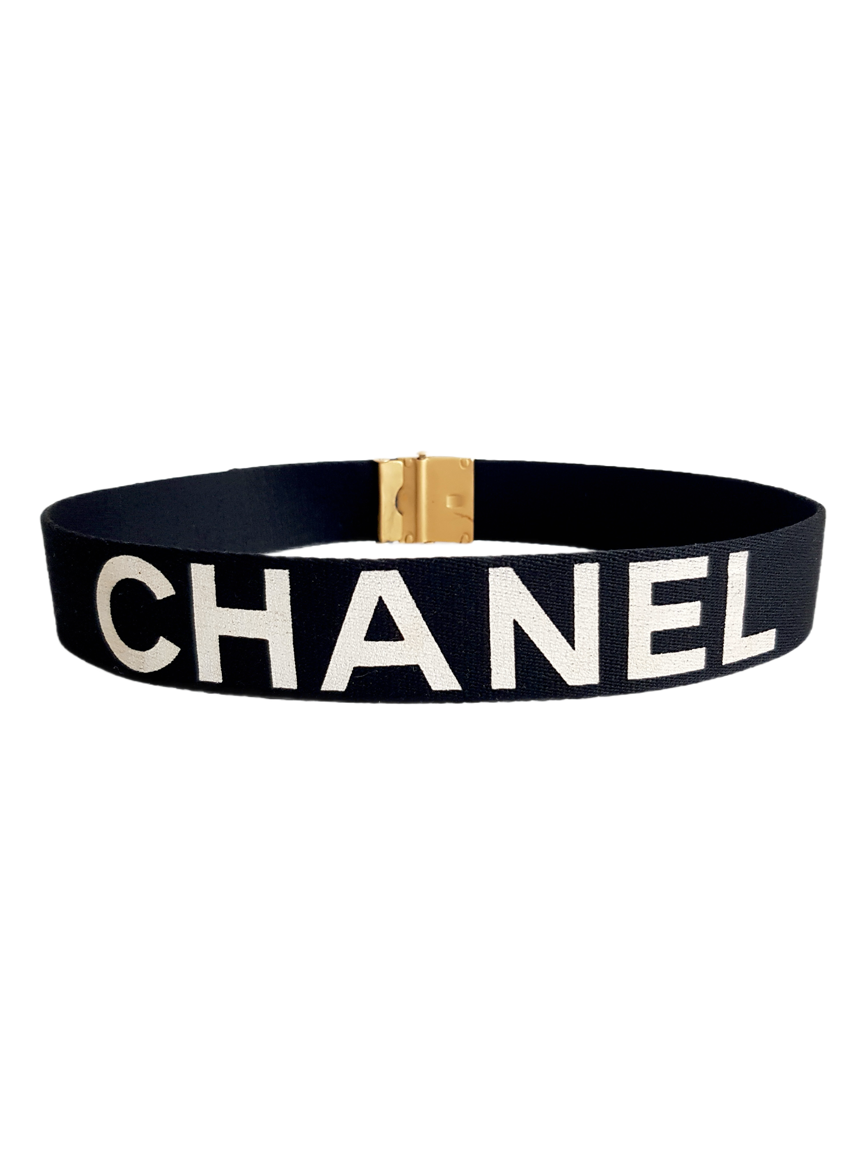 CHANEL FALL / WINTER 1994 (94A) BLACK CANVAS WHITE SPELLOUT LOGO BRASS BUCKLE BELT