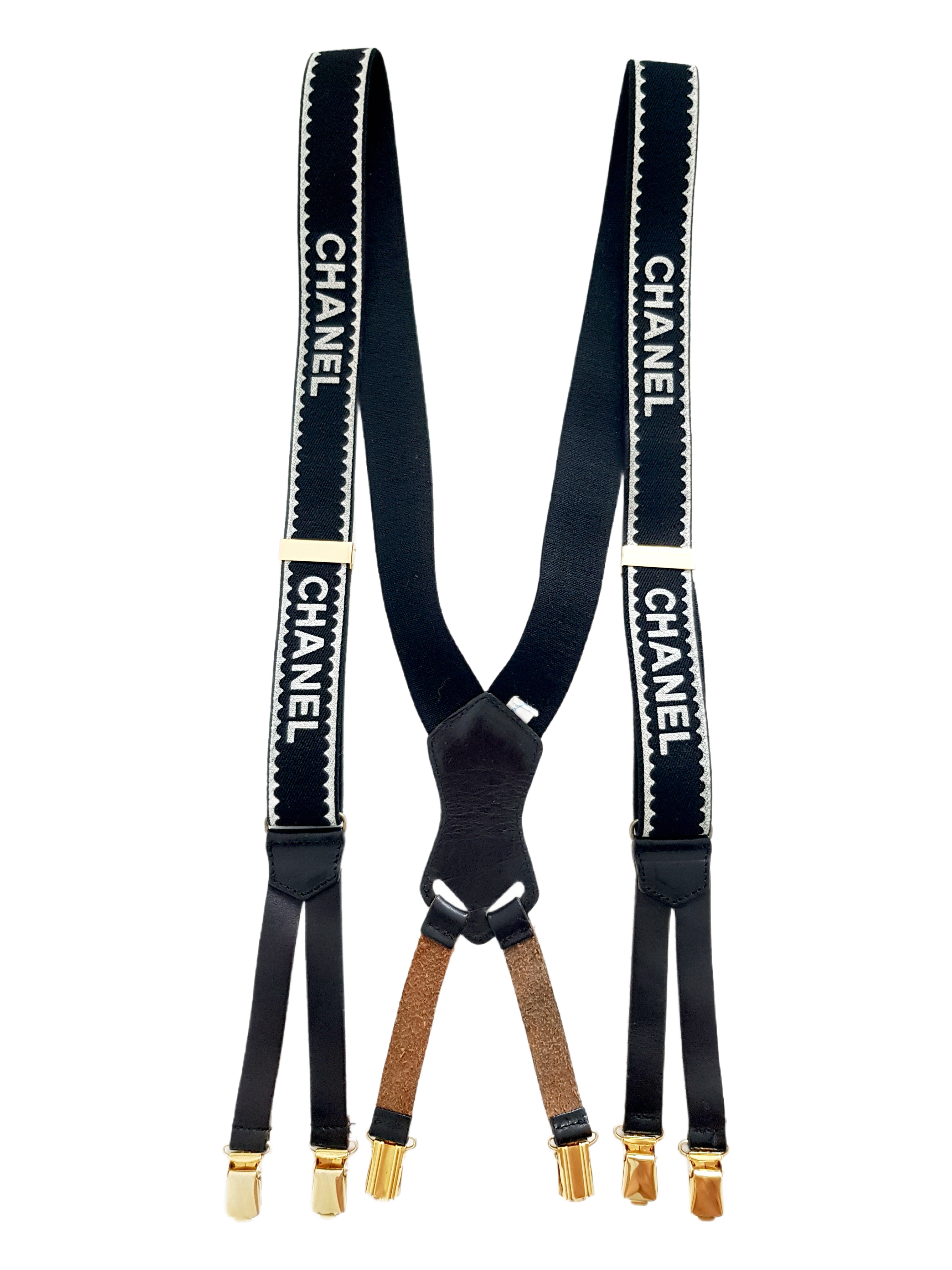 CHANEL FALL / WINTER 1994 BLACK CANVAS WHITE SPELLOUT LOGO SUSPENDERS