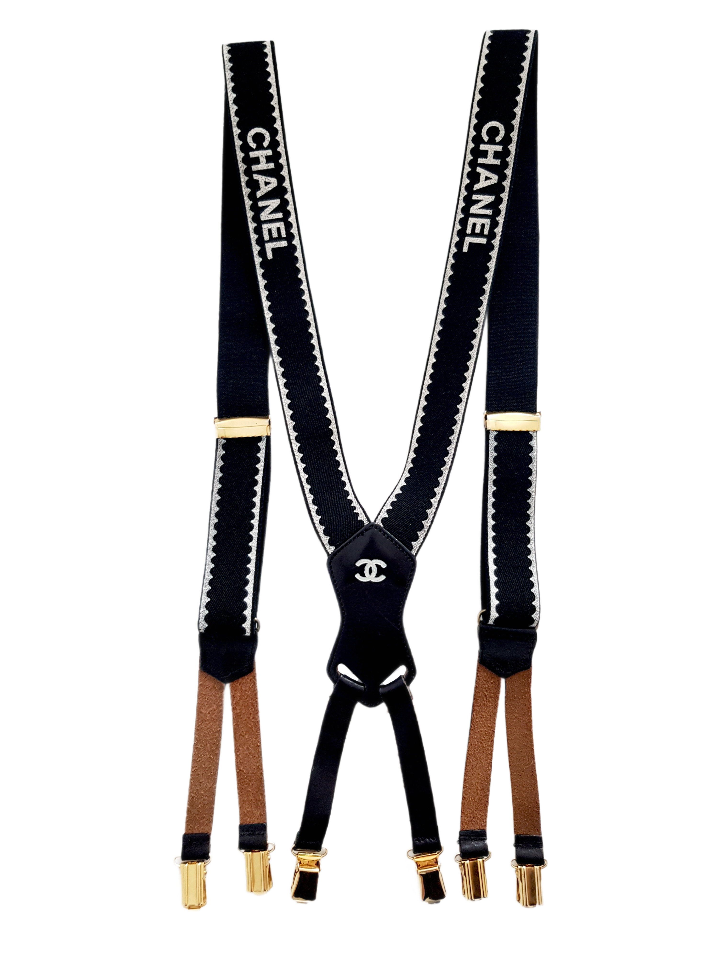CHANEL FALL / WINTER 1994 BLACK CANVAS WHITE SPELLOUT LOGO SUSPENDERS