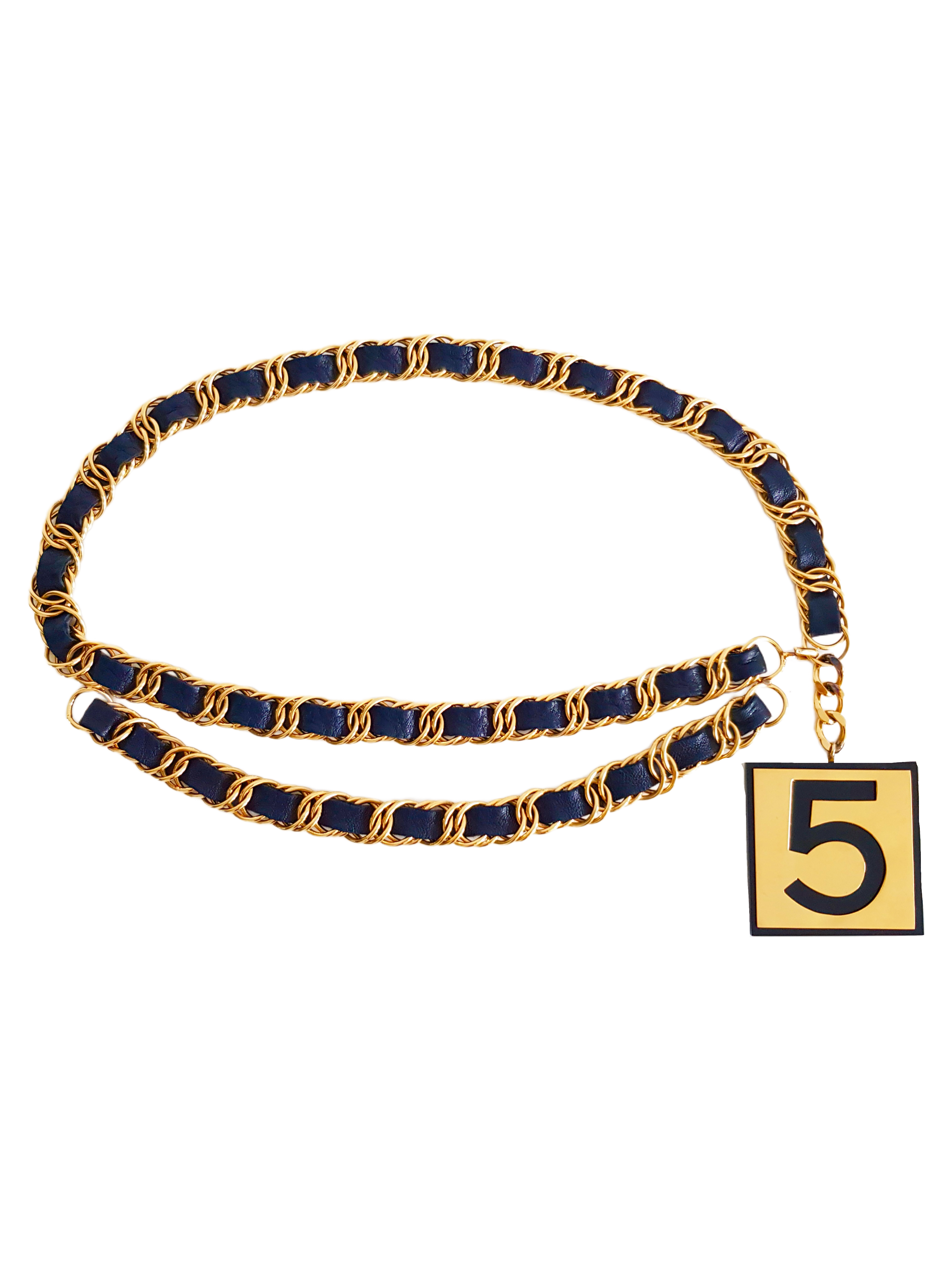 CHANEL SPRING / SUMMER 1987 GOLD PLATED NO. 5 LOGO PENDANT BLACK ENTWINED LEATHER CHAIN BELT
