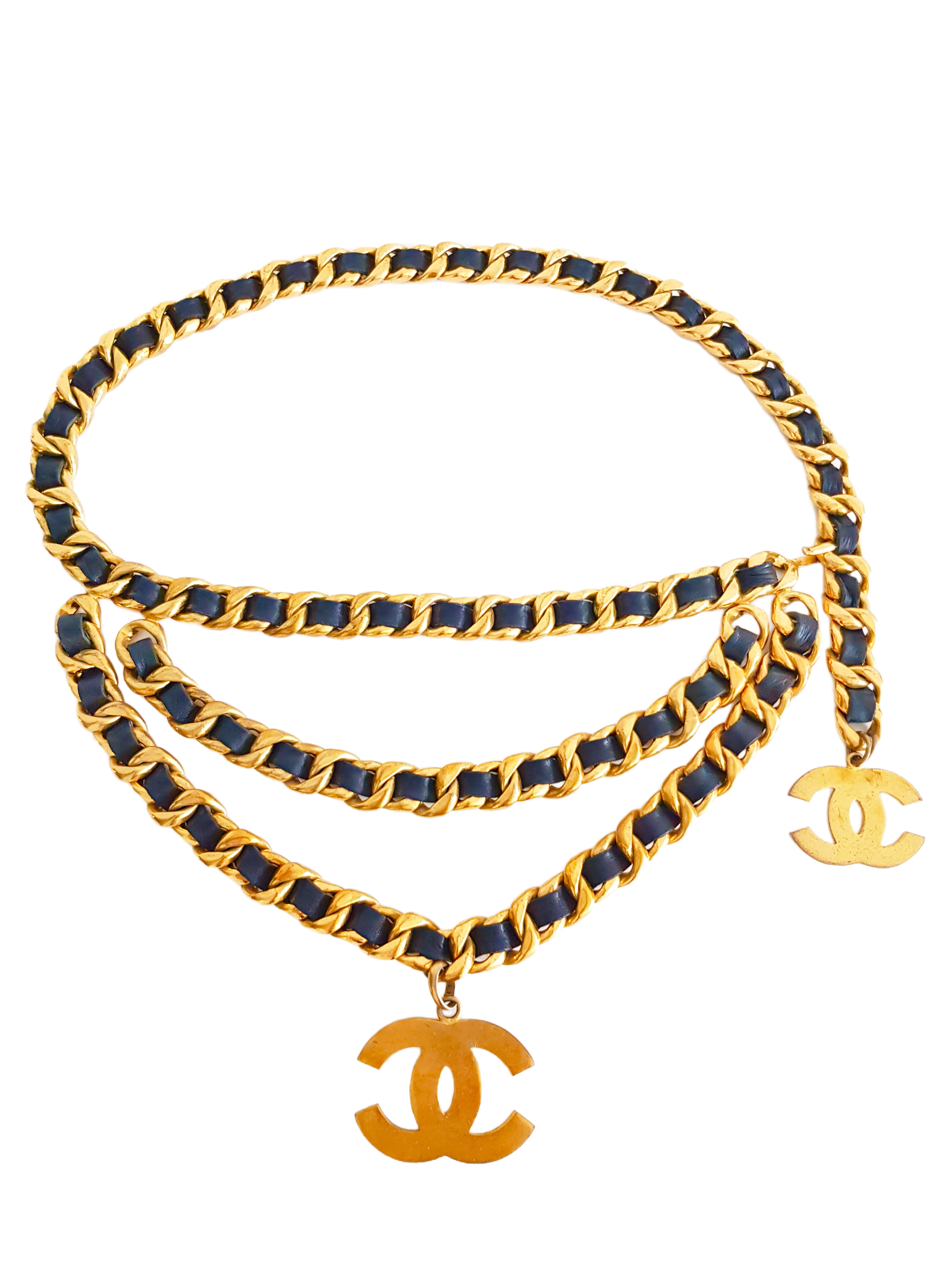 CHANEL SPRING / SUMMER 1992 (COLLECTION 28) GOLD PLATED BLACK ENTWINED LEATHER CC LOGO TRIPLE CHAIN BELT