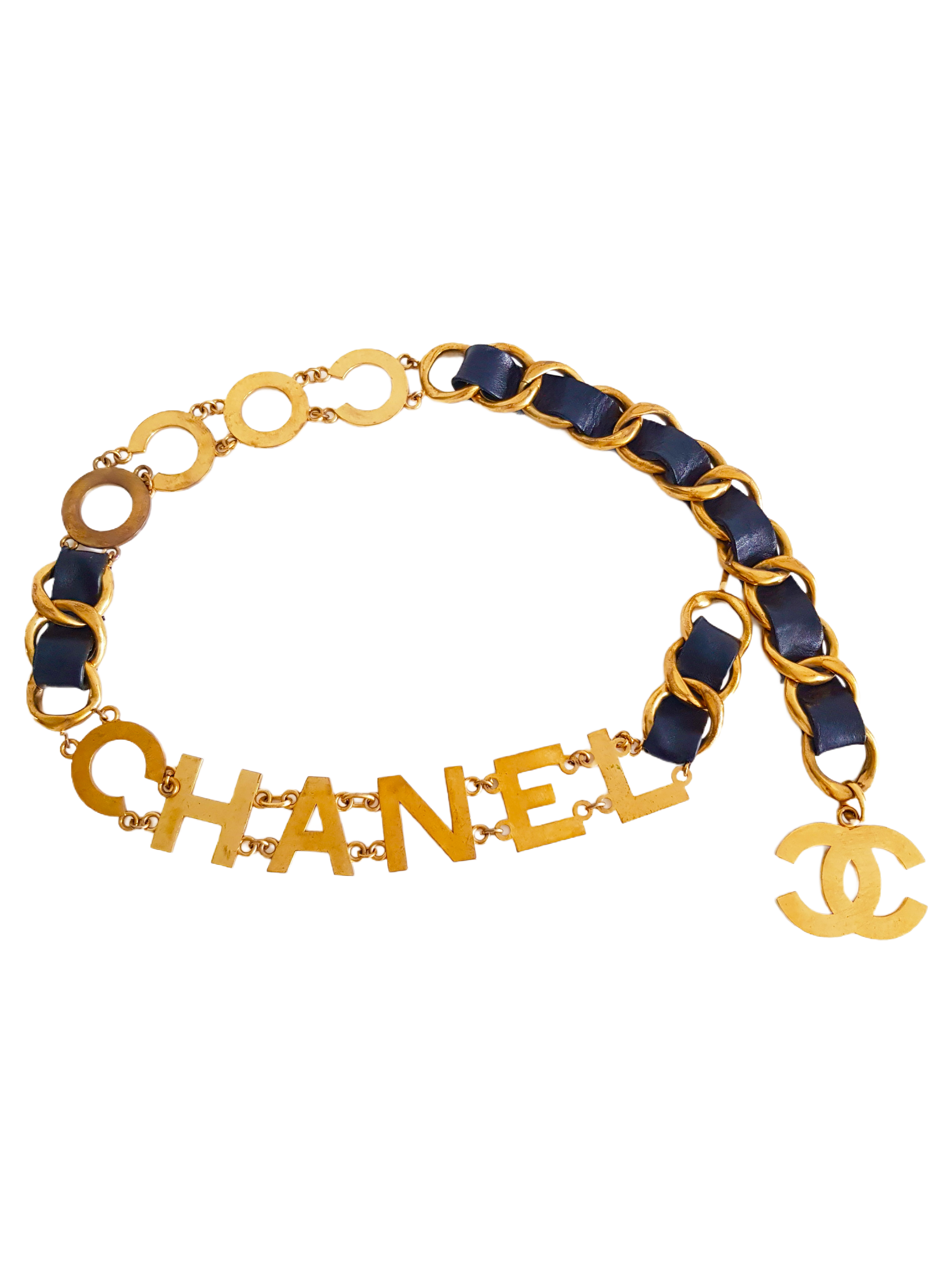 CHANEL FALL / WINTER 1992 GOLD PLATED CC SPELLOUT COCO LOGO BLACK LEATHER ENTWINED CHAIN BELT