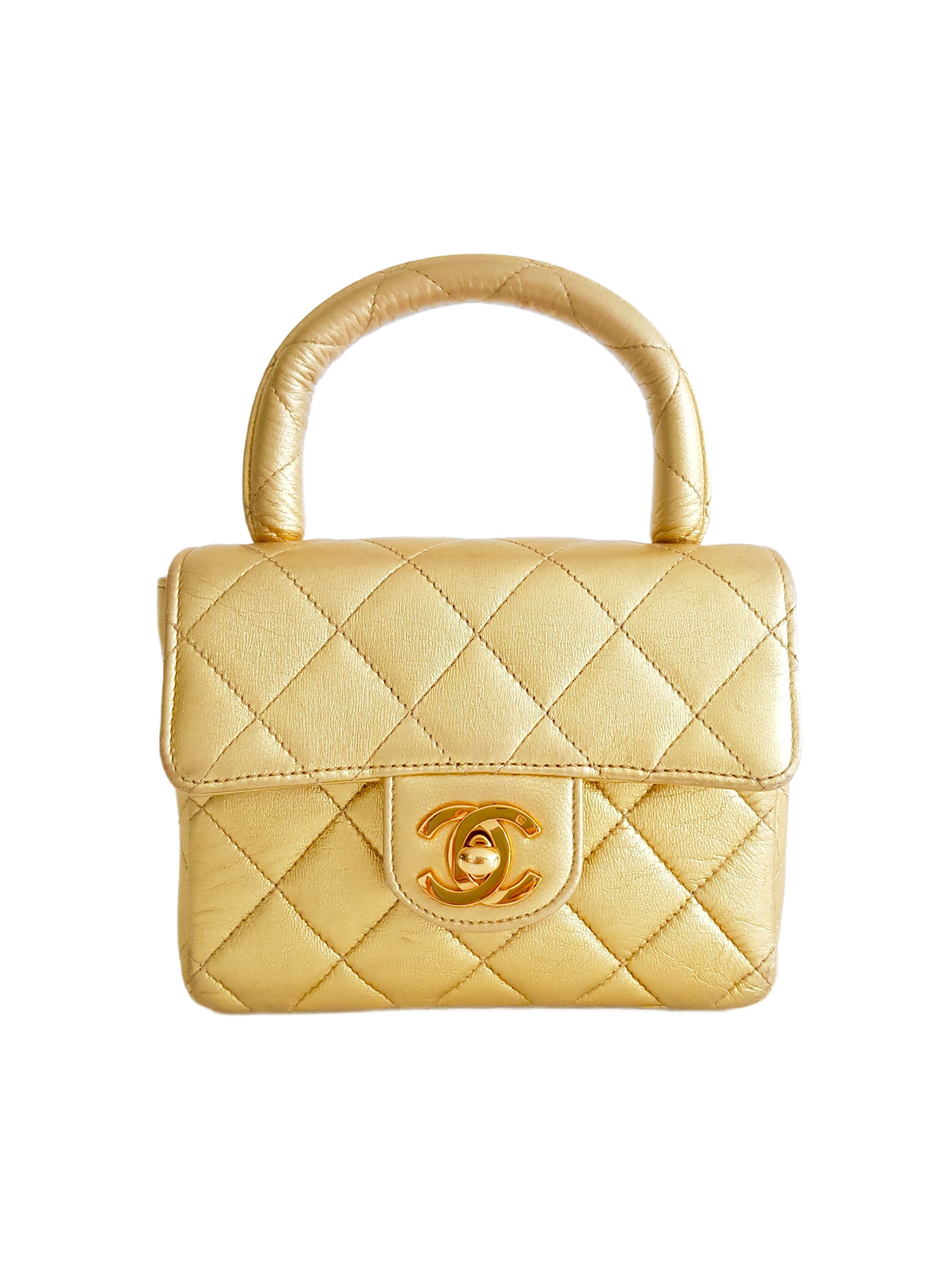 CHANEL FALL / WINTER 1994 (28 SERIES) GOLD QUILTED LEATHER CC TURNLOCK LOGO TOP HANDLE MICRO HAND BAG