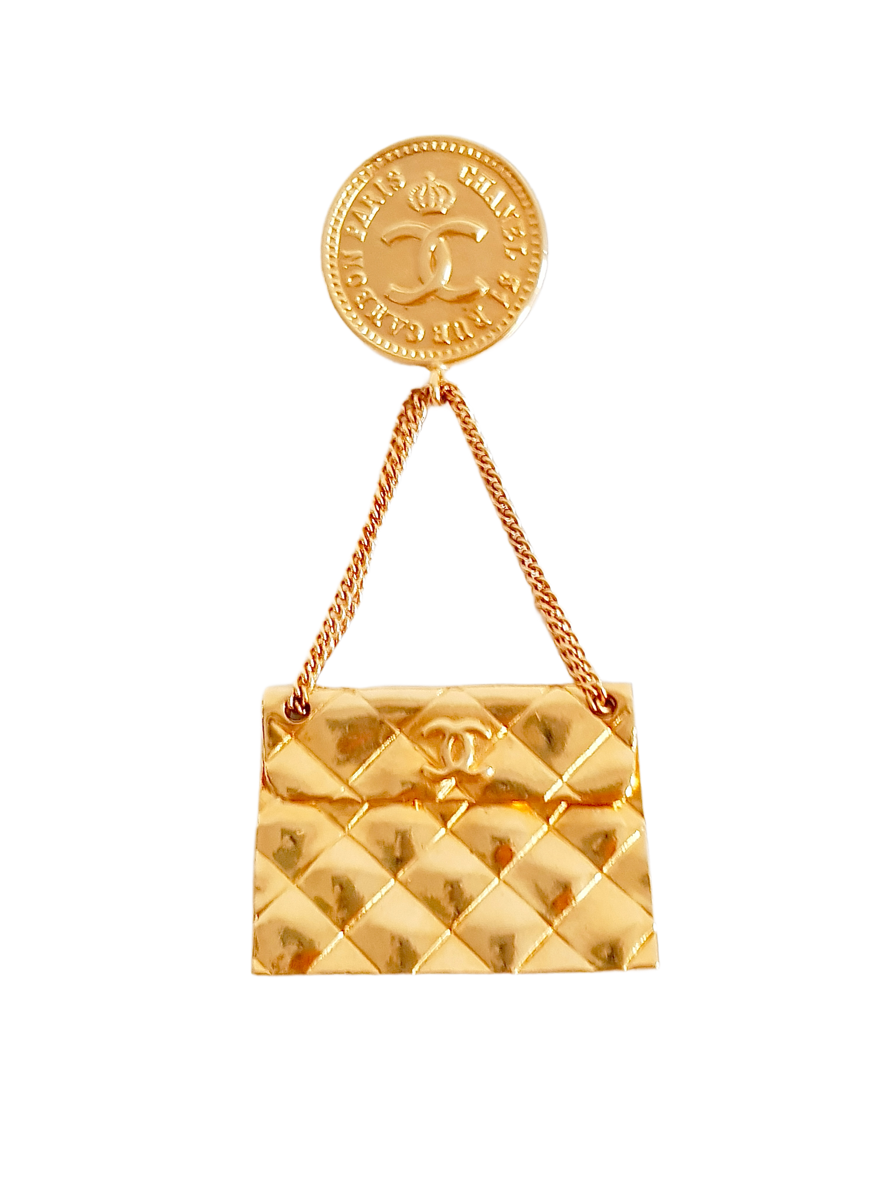 CHANEL FALL / WINTER 1987 GOLD PLATED CC LOGO QUILTED TIMELESS CLASSIC FLAP BAG PIN BROOCH