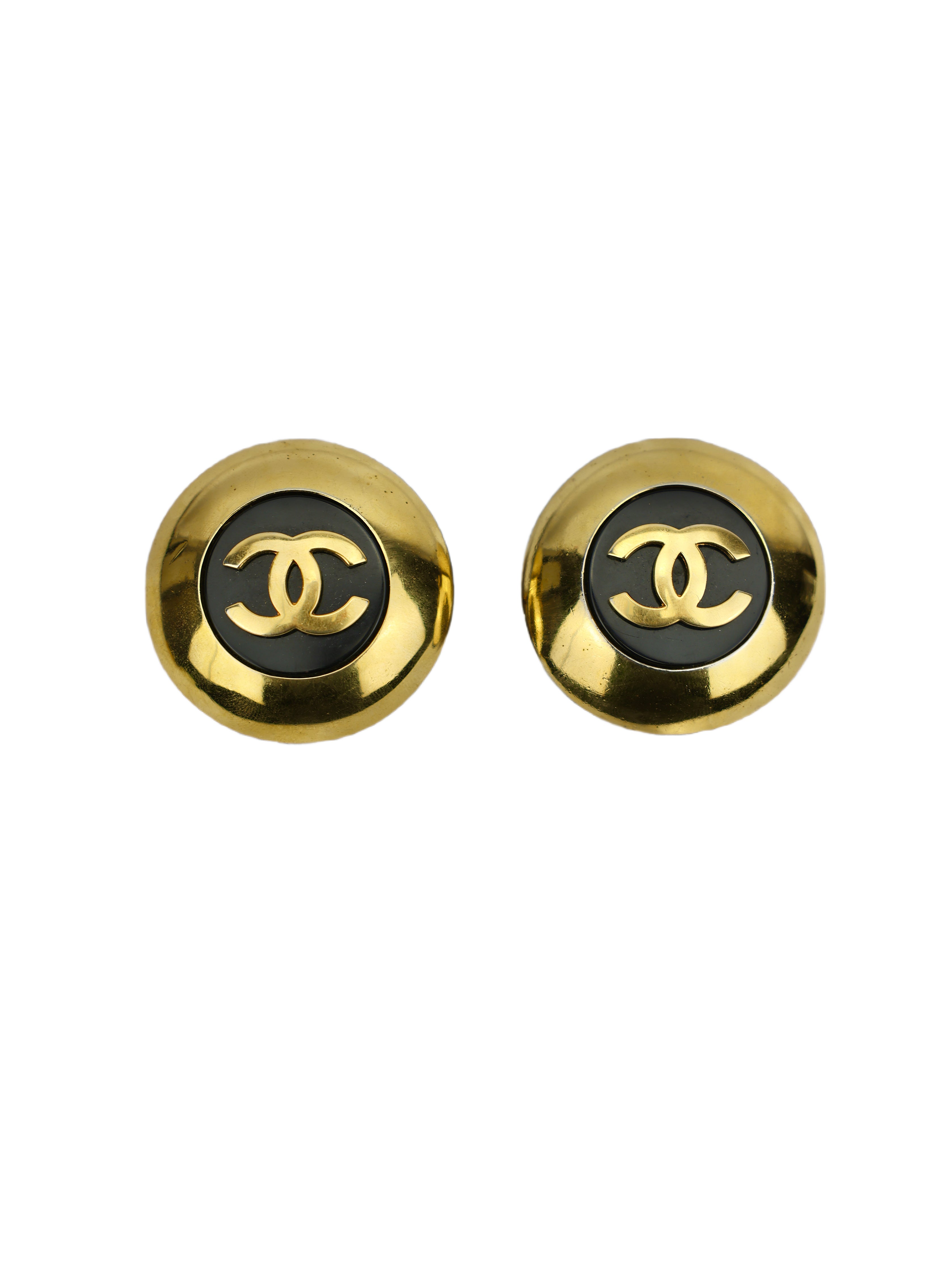 CHANEL FALL/WINTER 1991 (COLLECTION 26) GOLD PLATED BLACK ENAMEL CC LOGO XL CLIP-ON EARRINGS