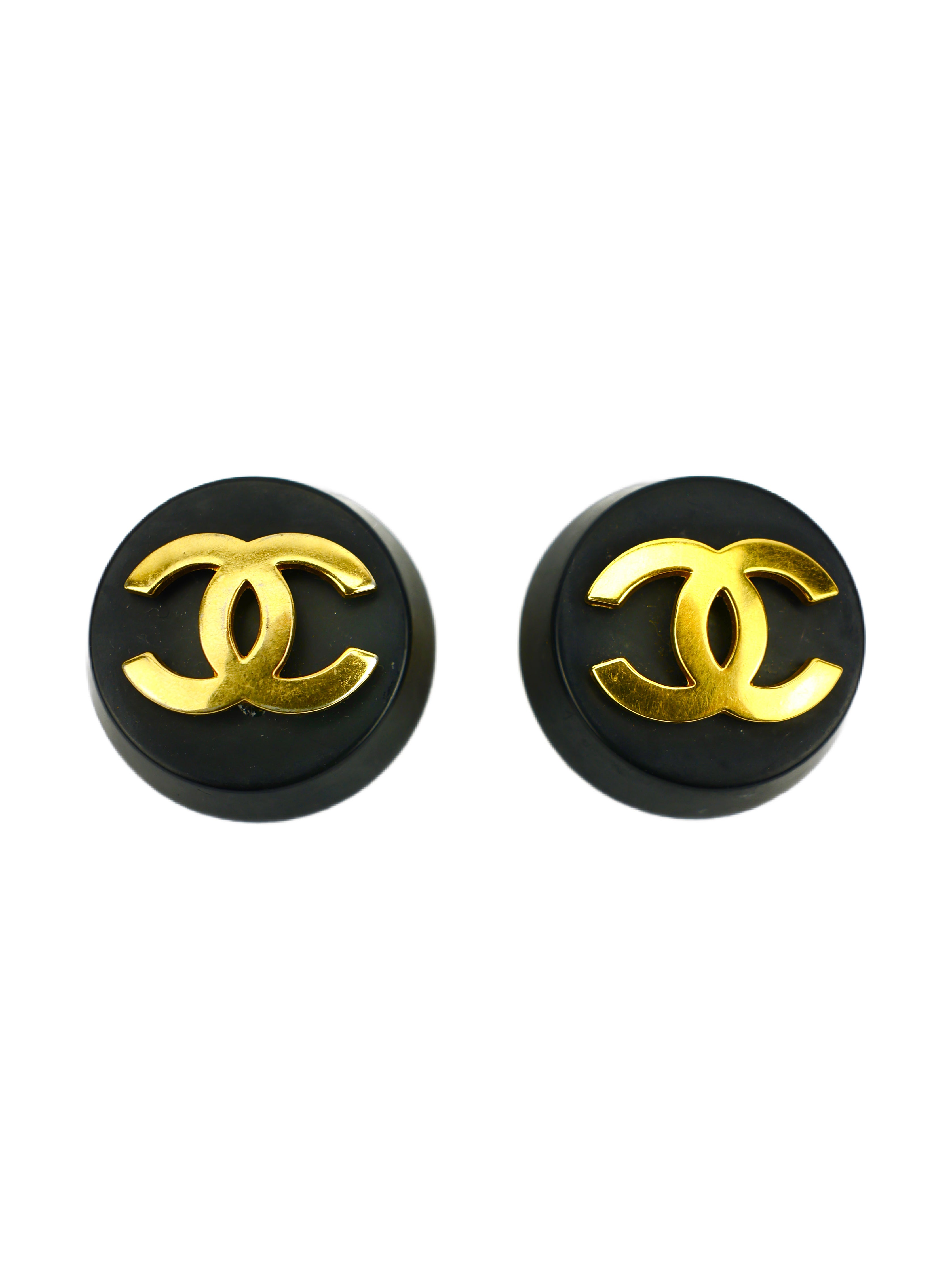 CHANEL FALL/WINTER 1991 (COLLECTION 26) BLACK LUCITE GOLD PLATED CC LOGO XL CLIP-ON EARRINGS