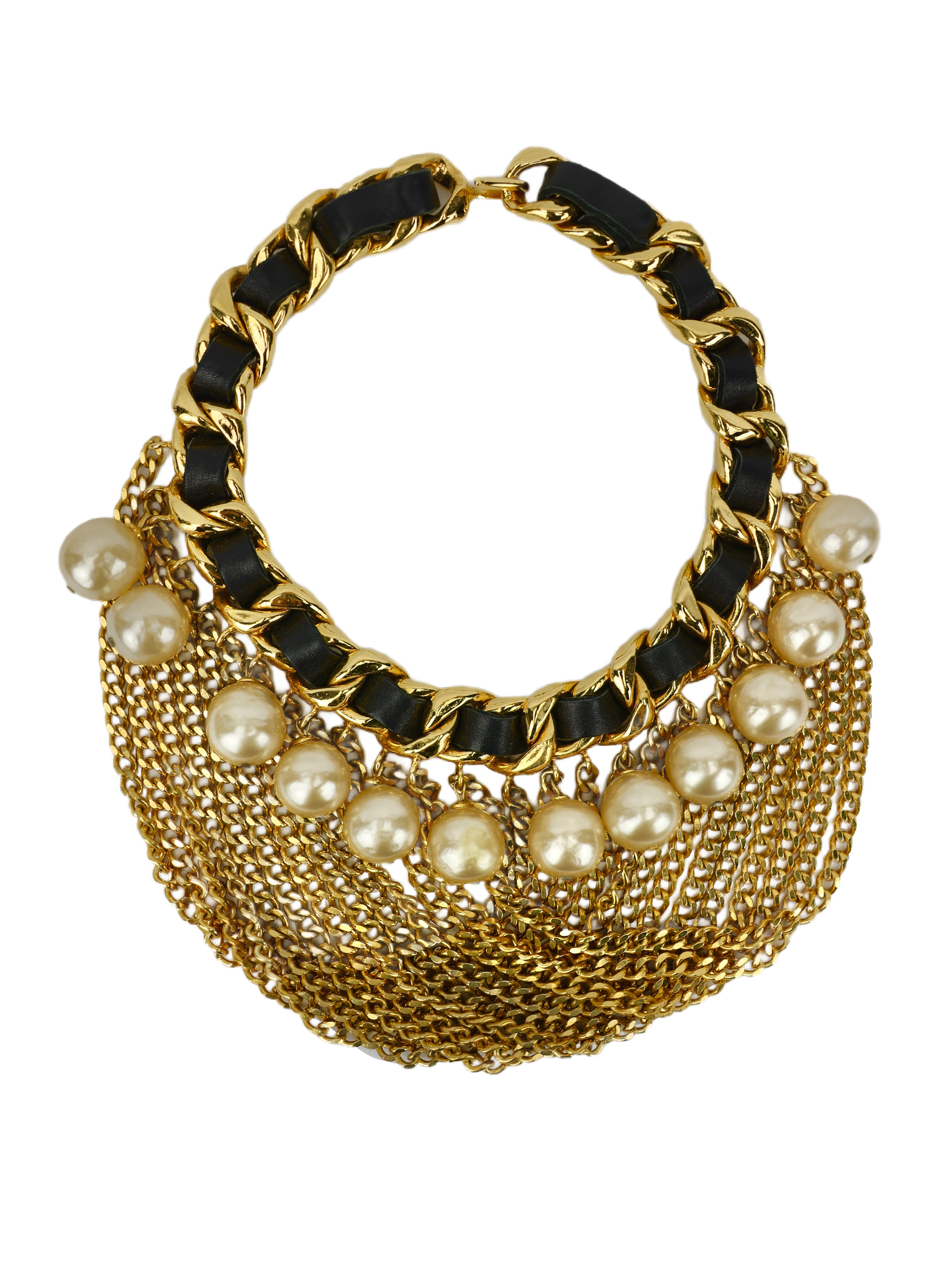 CHANEL FALL/WINTER 1991 GOLD PLATED BLACK LEATHER ENTWINED LEATHER MULTI CHAIN LINK NECKLACE