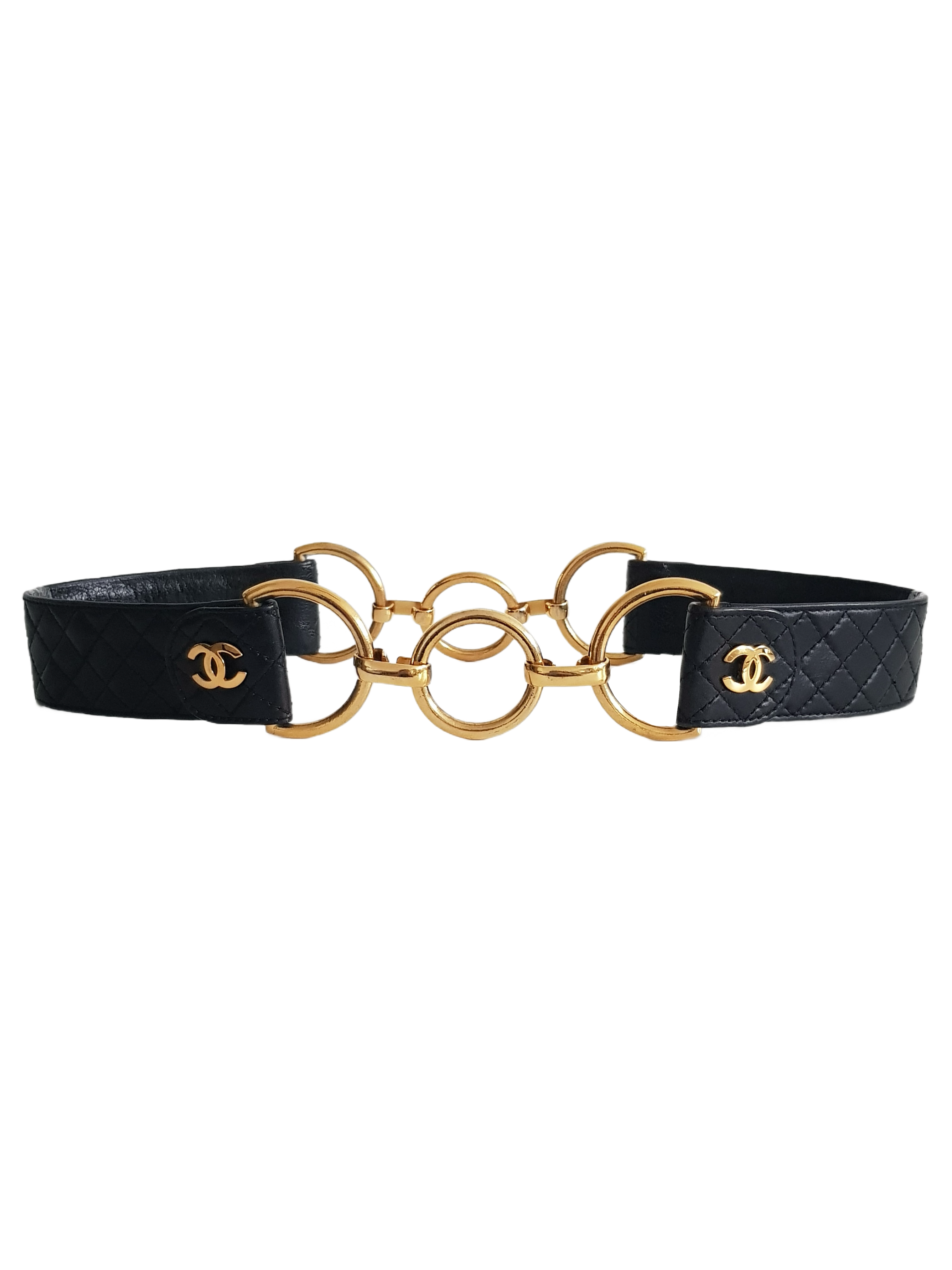 CHANEL FALL / WINTER 1992 (COLLECTION 29) BLACK QUILTED LEATHER CC LOGO RING BELT