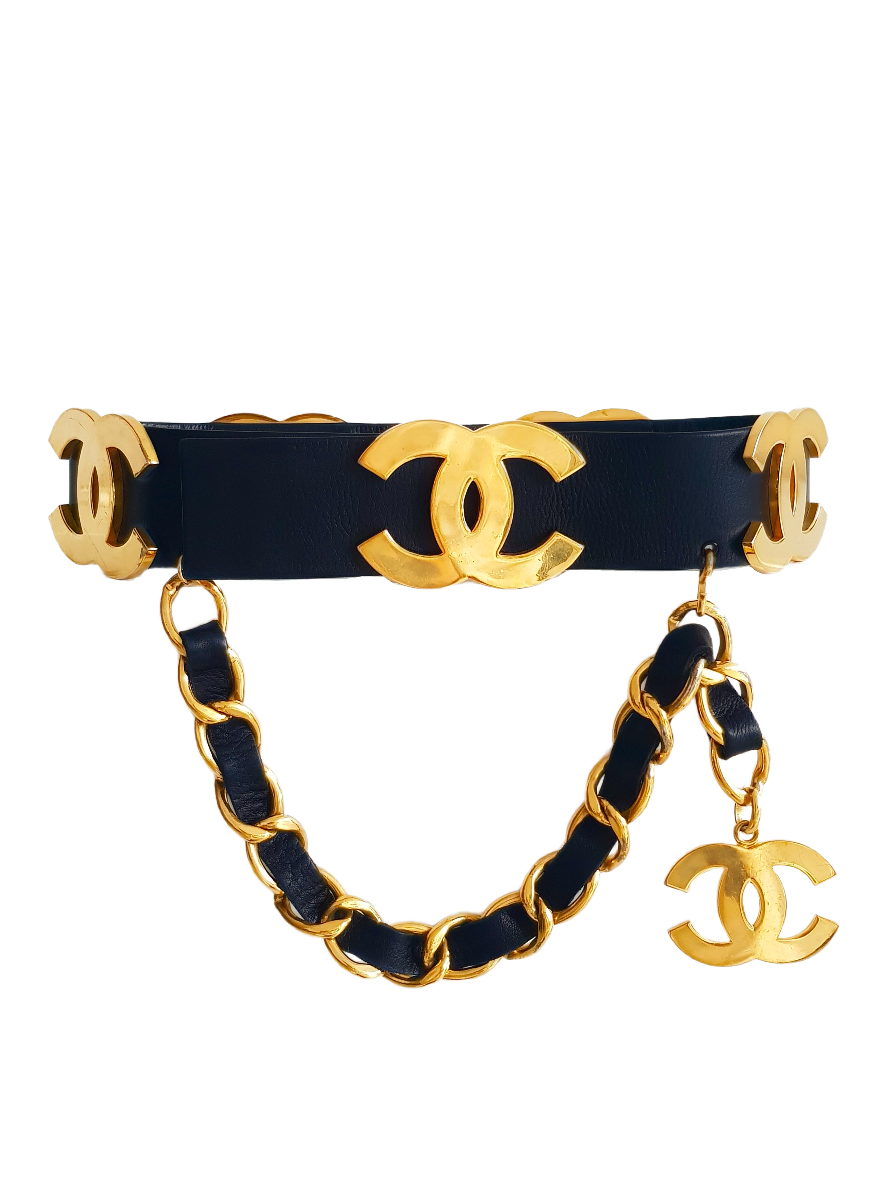 CHANEL SPRING / SUMMER 1993 (93P) BLACK LEATHER GOLD PLATED CC LOGO WIDE WAIST BELT